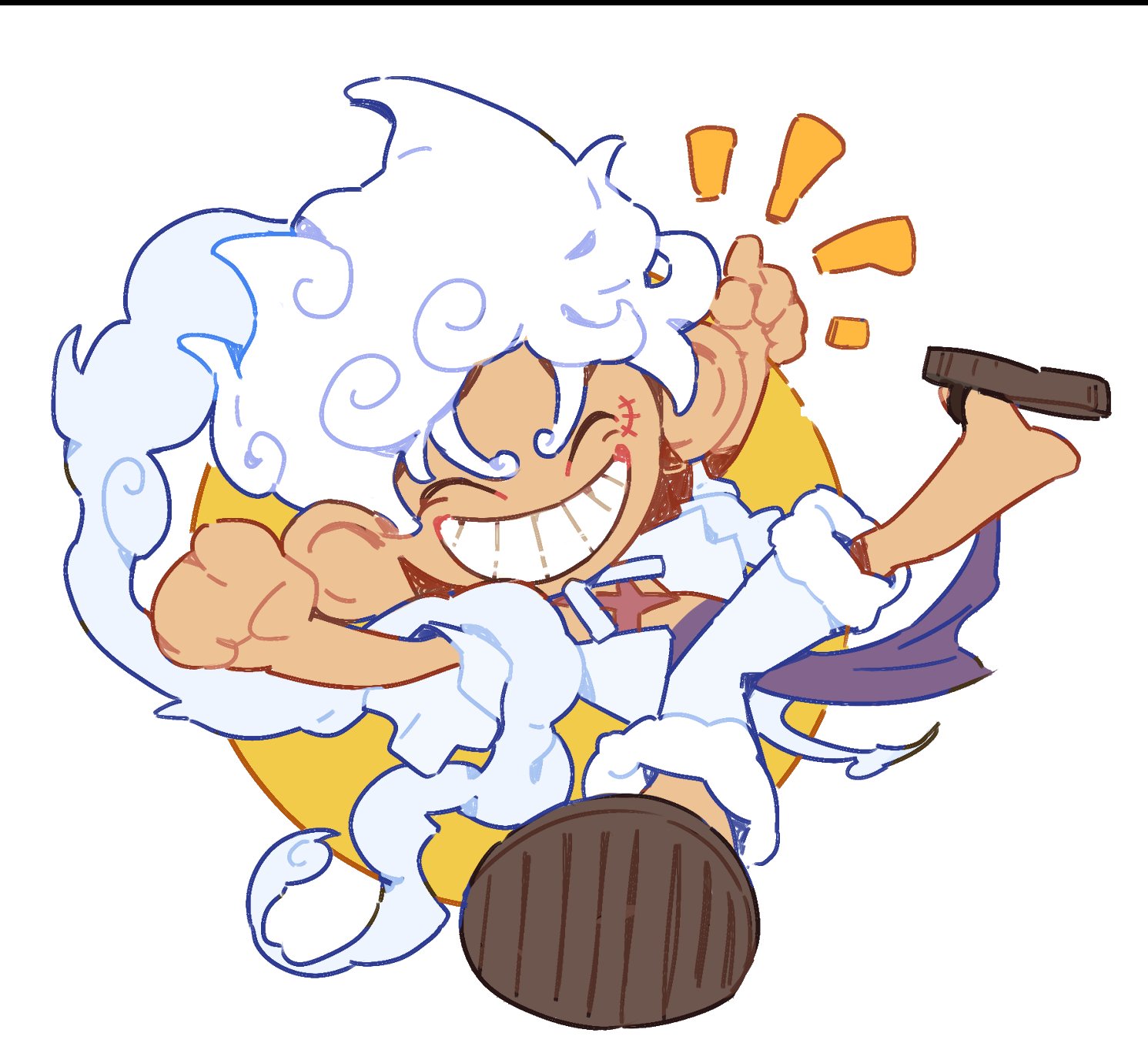 siyangou49, monkey d. luffy, one piece, hashtag-only commentary, highres, 1boy, ^ ^, chibi, closed eyes, gear fifth, male focus, notice lines, open clothes, open shirt, purple sash, sandals, sash, scar, scar on chest, scar on face, shirt, shorts, solo, white hair, white shirt, white shorts