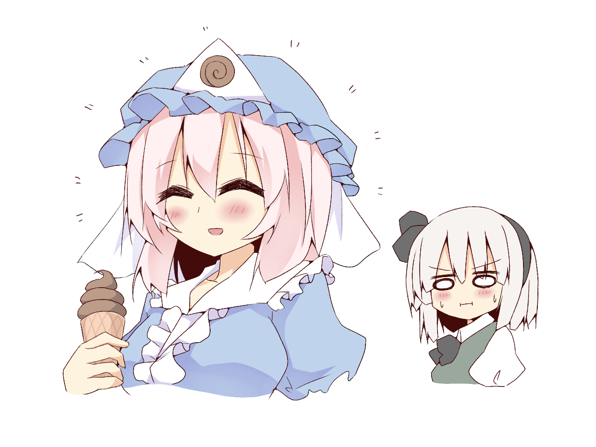 shishiky, konpaku youmu, saigyouji yuyuko, touhou, commentary request, 2girls, black bow, black bowtie, black hairband, blue hat, blush, bow, bowtie, breasts, closed eyes, closed mouth, collared shirt, frilled kimono, frills, green vest, grey hair, hairband, hat, japanese clothes, kimono, medium breasts, medium hair, mob cap, multiple girls, pink hair, puffy short sleeves, puffy sleeves, shirt, short sleeves, simple background, sweat, triangular headpiece, vest, white background, white shirt