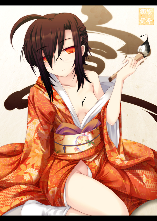 ai takurou, original, ahoge, brown hair, calligraphy brush, glasses, ink, japanese clothes, kimono, no bra, no panties, off shoulder, paintbrush, red eyes, short hair, sitting, solo