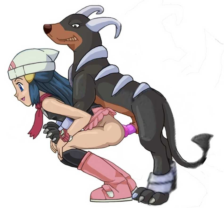 dawn (pokemon), houndoom, nintendo, pokemon, jpeg artifacts, 1girl, bent over, bestiality, blue hair, breasts, clothed sex, gen 2 pokemon, interspecies, monster, pokemon (creature), sex, small breasts, squatting, uncensored, vaginal
