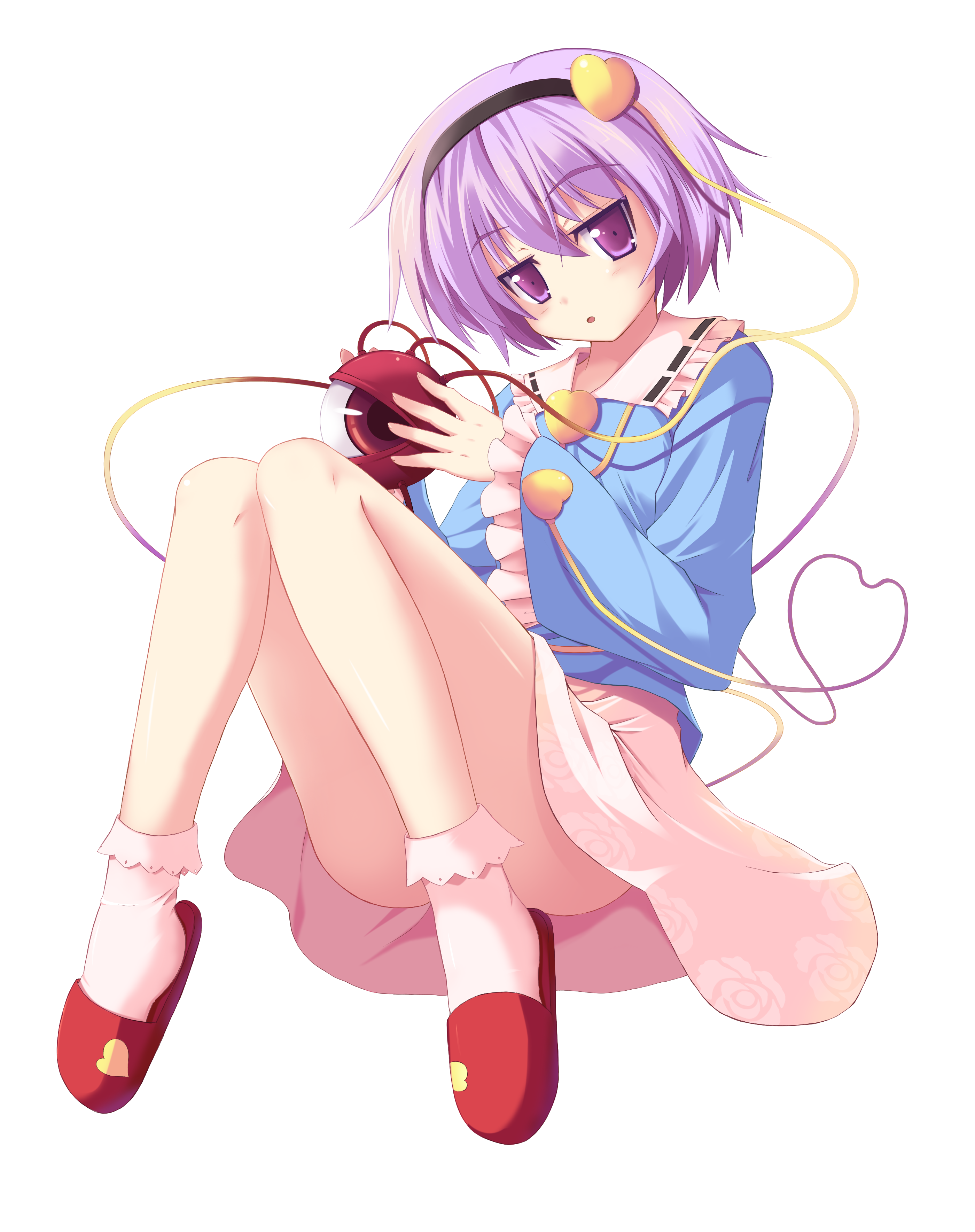 bbbbunny, komeiji satori, touhou, absurdres, bad id, bad pixiv id, highres, 1girl, female focus, full body, hairband, heart, heart of string, legs, no panties, purple eyes, purple hair, short hair, slippers, solo, thighs, transparent background