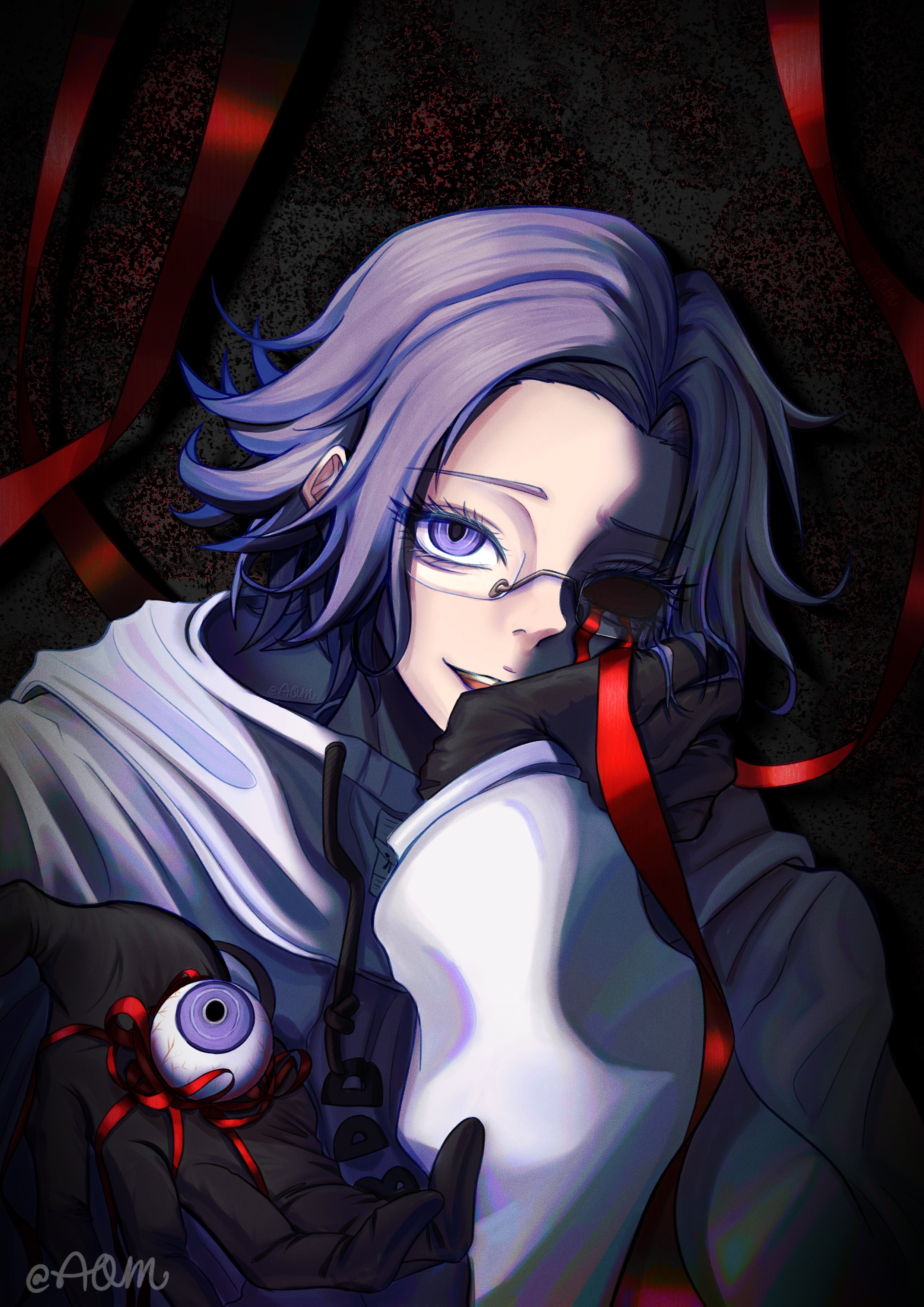 aotsuki eito, the hundred line -last defense academy-, absurdres, chinese commentary, commentary, commentary request, english commentary, highres, mixed-language commentary, 1boy, aguamarine13, black background, black gloves, drawstring, eye socket, eyeball, glasses, gloves, grey hair, hand on own face, hand up, holding, holding eyeball, jacket, looking at viewer, male focus, purple eyes, red ribbon, ribbon, shadow, short hair, signature, smile, solo, teeth, upper body, upper teeth only, white jacket, zalgo commentary