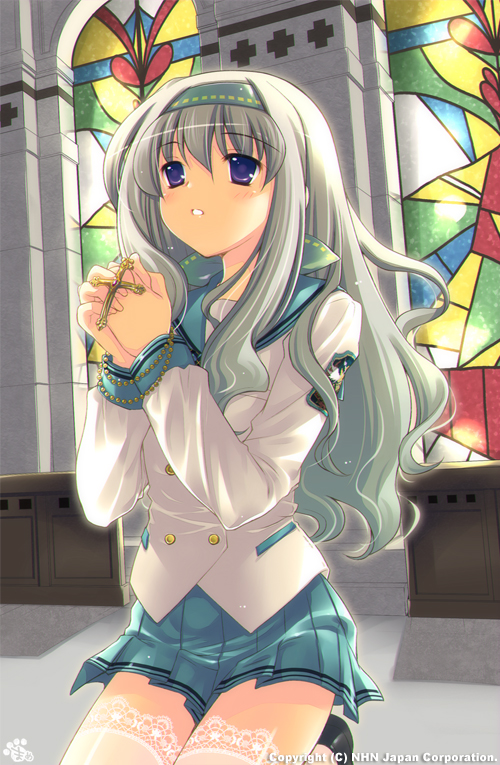 mame-p, kuji amane, sakujo, lace-trimmed legwear, silver hair, bad id, bad pixiv id, 1girl, blue eyes, blush, church, cross, dutch angle, female focus, hairband, indoors, kneeling, lace, lace trim, long hair, praying, purple eyes, rosary, school uniform, skirt, solo, stained glass, thighhighs, white thighhighs