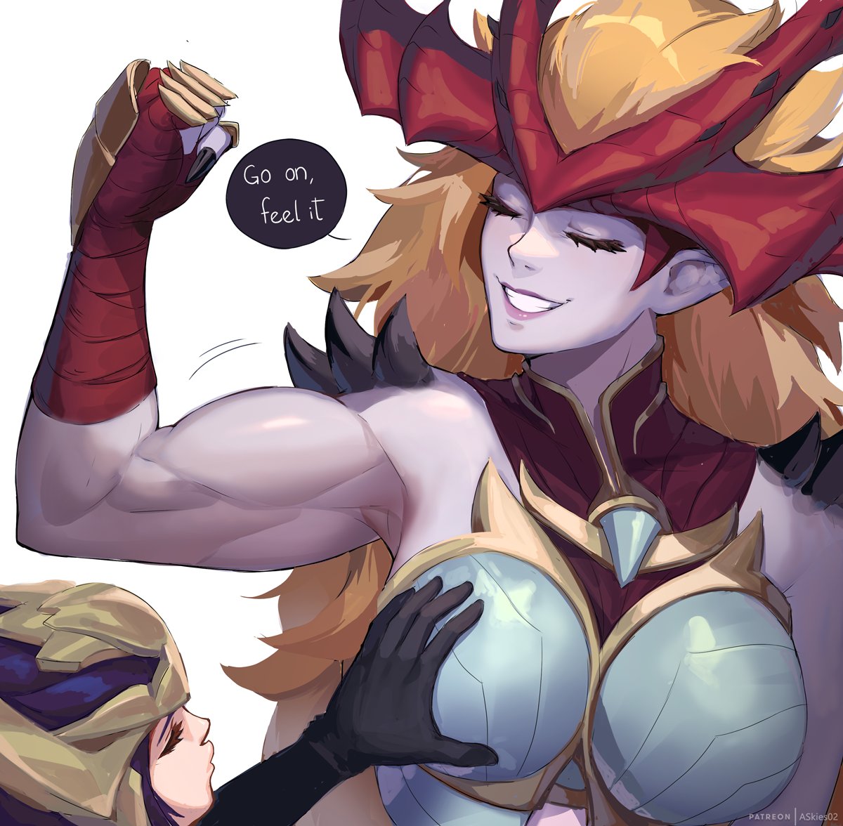 allen skies, quinn (league of legends), shyvana, league of legends, commentary, english commentary, 2girls, armor, bare shoulders, black gloves, breasts, colored skin, gloves, go on feel it (meme), grin, helmet, horns, large breasts, long hair, meme, multiple girls, muscular, muscular female, short hair, smile, teeth, yuri
