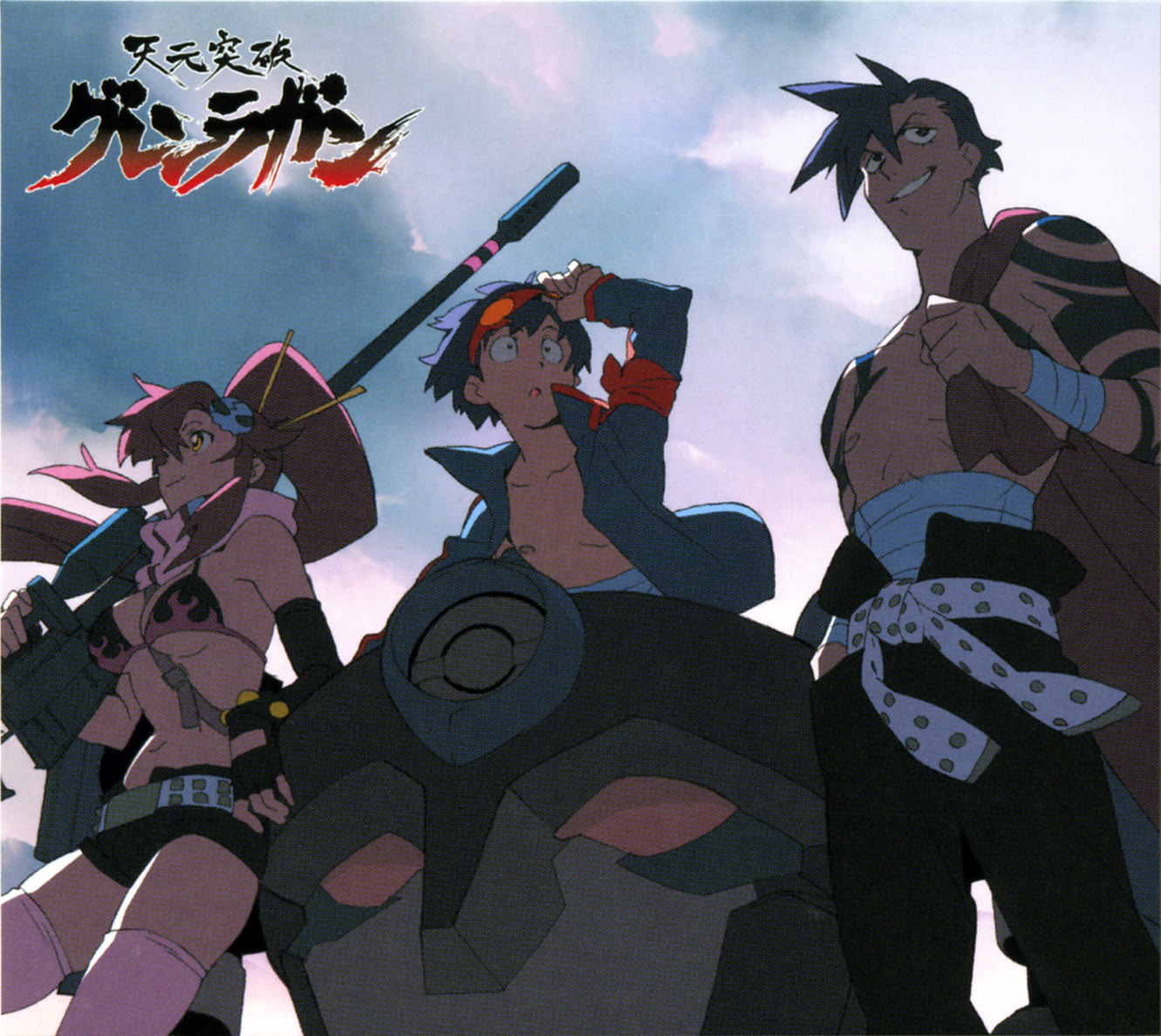 nishigori atsushi, kamina (ttgl), simon (ttgl), yoko littner, tengen toppa gurren lagann, scan, 00s, 1girl, 2boys, multiple boys