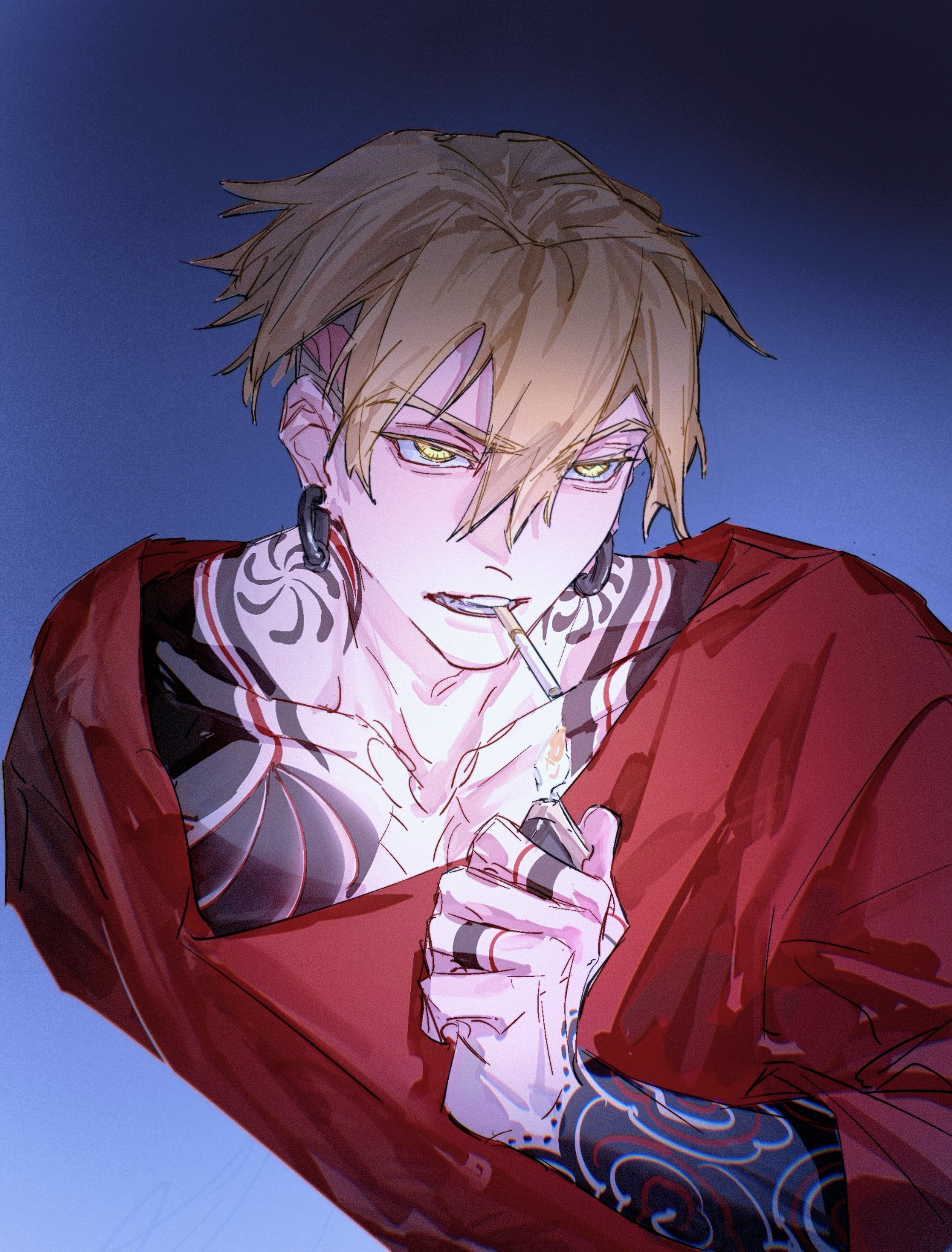 enjin (gachiakuta), gachiakuta, chinese commentary, commentary request, highres, 1boy, arm tattoo, blonde hair, cigarette, collarbone, earrings, finger tattoo, hair between eyes, hair down, holding, holding lighter, jewelry, lighter, lighting cigarette, maggot83682214, male focus, mouth hold, red shirt, shirt, shoulder tattoo, smoking, solo, tattoo, teeth, teeth hold, yellow eyes