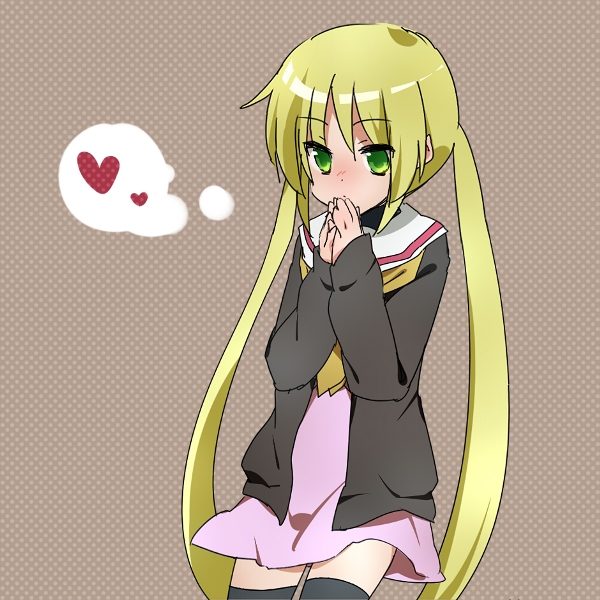 shacttainw, sanzen'in nagi, hayate no gotoku!, bad id, bad pixiv id, 00s, blonde hair, blush, cardigan, green eyes, heart, school uniform, serafuku, solo, thighhighs, twintails