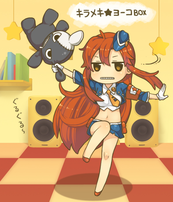 feeno, yoko littner, pieces of sweet stars, tengen toppa gurren lagann, uniform, bad id, bad pixiv id, 00s, 1girl, chibi, cropped jacket, female focus, garrison cap, gloves, hat, long hair, midriff, necktie, red hair, solo, star (symbol), stuffed toy