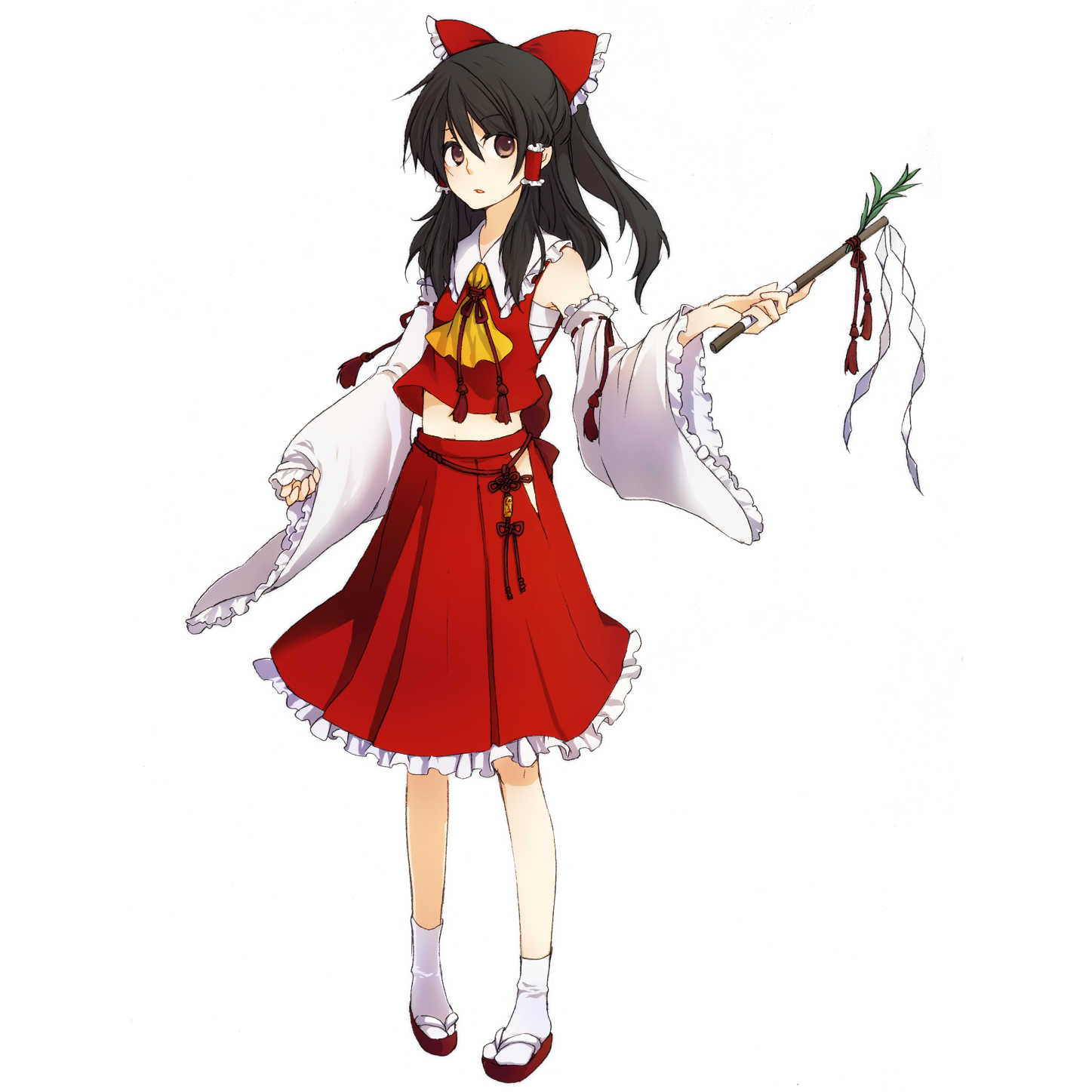 yoshida nishi, hakurei reimu, touhou, bad id, bad pixiv id, highres, 1girl, black hair, bow, brown eyes, clothing cutout, detached sleeves, female focus, full body, gohei, hair bow, half updo, hip vent, japanese clothes, long hair, miko, open mouth, platform sandals, red sandals, ribbon, sandals, skirt, solo, transparent background
