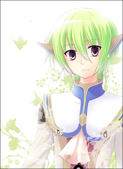mika mikan, faize scheifa beleth, star ocean, star ocean: the last hope, bad id, bad pixiv id, 1boy, bishounen, ear covers, earrings, green hair, jewelry, male focus, pointy ears, purple eyes, short hair, solo