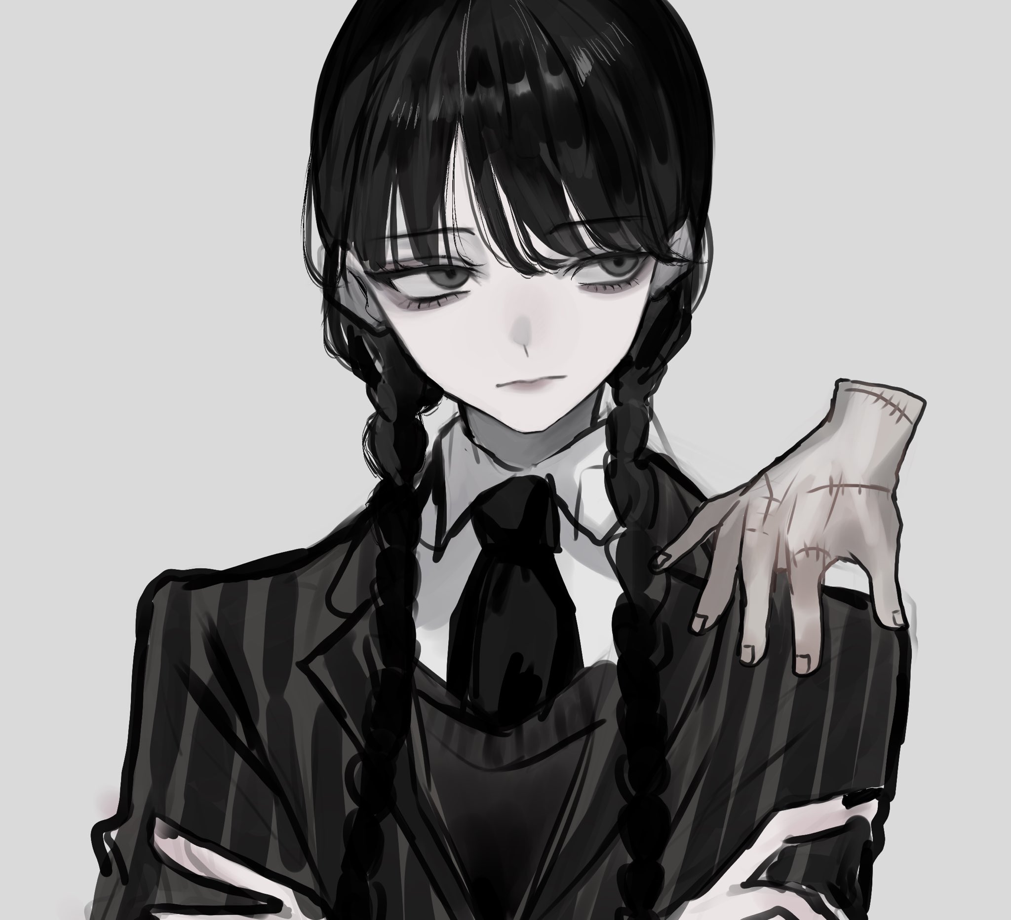akai ringo (eveyuno), thing (the addams family), wednesday addams, the addams family, wednesday (netflix), commentary request, highres, 1girl, black eyes, black hair, black necktie, braid, closed mouth, collared shirt, jacket, long hair, looking at viewer, necktie, nevermore academy school uniform, school uniform, severed hand, shirt, solo, striped clothes, striped jacket, twin braids, white shirt