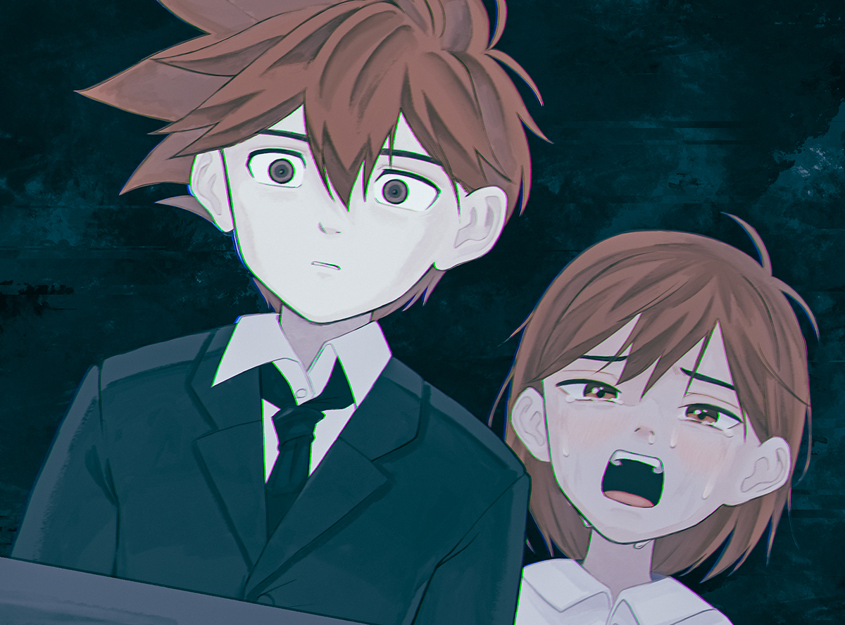 msdnno kabe, hero (faraway) (omori), hero (omori), kel (faraway) (omori), kel (omori), omori, commentary request, 2boys, alternate costume, antenna hair, black necktie, brothers, brown eyes, brown hair, collared shirt, crying, crying with eyes open, hair behind ear, male focus, multiple boys, necktie, parted lips, shirt, short hair, siblings, tears, teeth, upper body, upper teeth only, white shirt