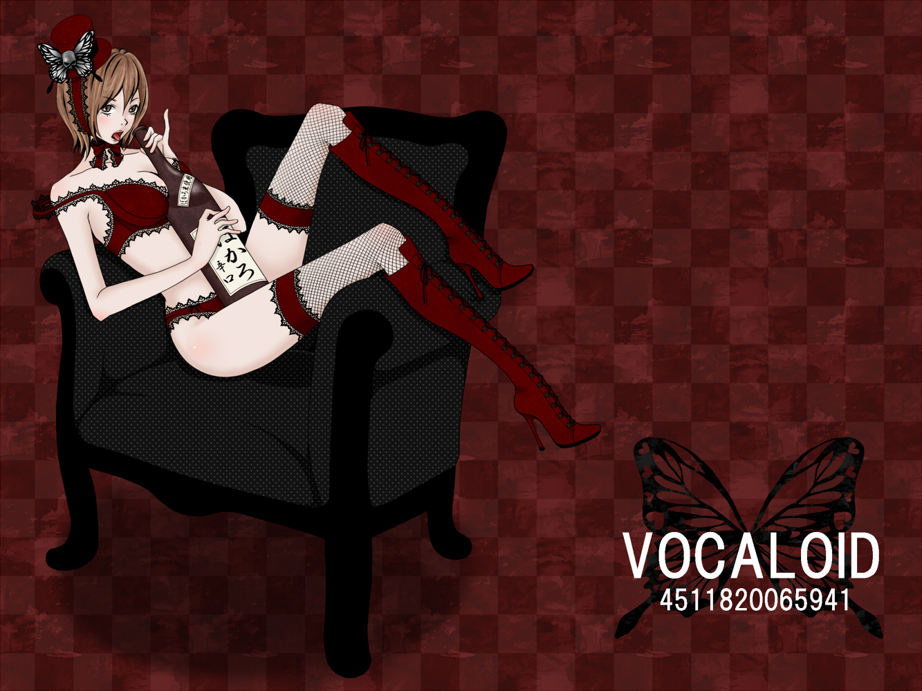 kaaya (lovenetversion), meiko (vocaloid), vocaloid, 1girl, alcohol, boots, bottle, breasts, brown eyes, brown hair, bug, butterfly, chair, couch, female focus, fishnets, full body, insect, lace, large breasts, legs, lingerie, open mouth, pale skin, panties, ribbon, sake, short hair, solo, thighhighs, thighs, tongue, underwear