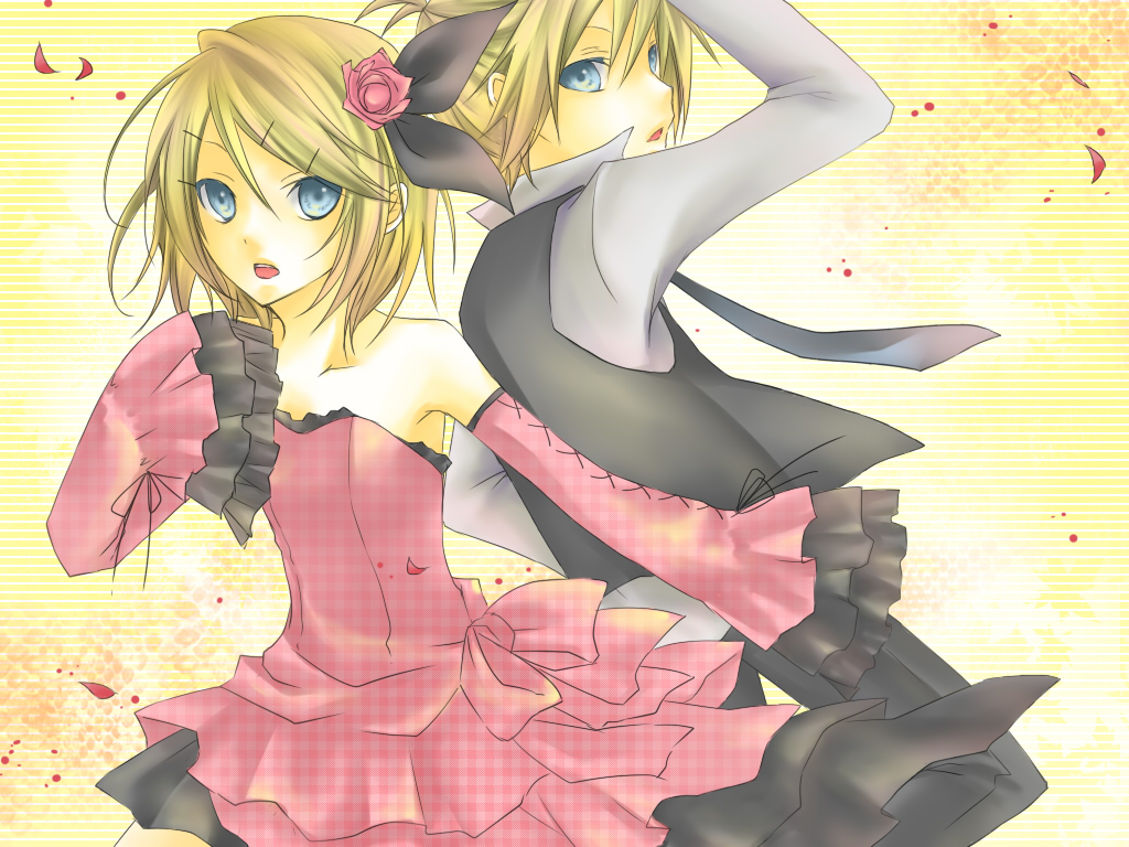 kuroi (liar-player), allen avadonia, kagamine len, kagamine rin, aku no musume (vocaloid), evillious nendaiki, vocaloid, 1boy, 1girl, blonde hair, blue eyes, brother and sister, detached sleeves, flower, siblings, twins