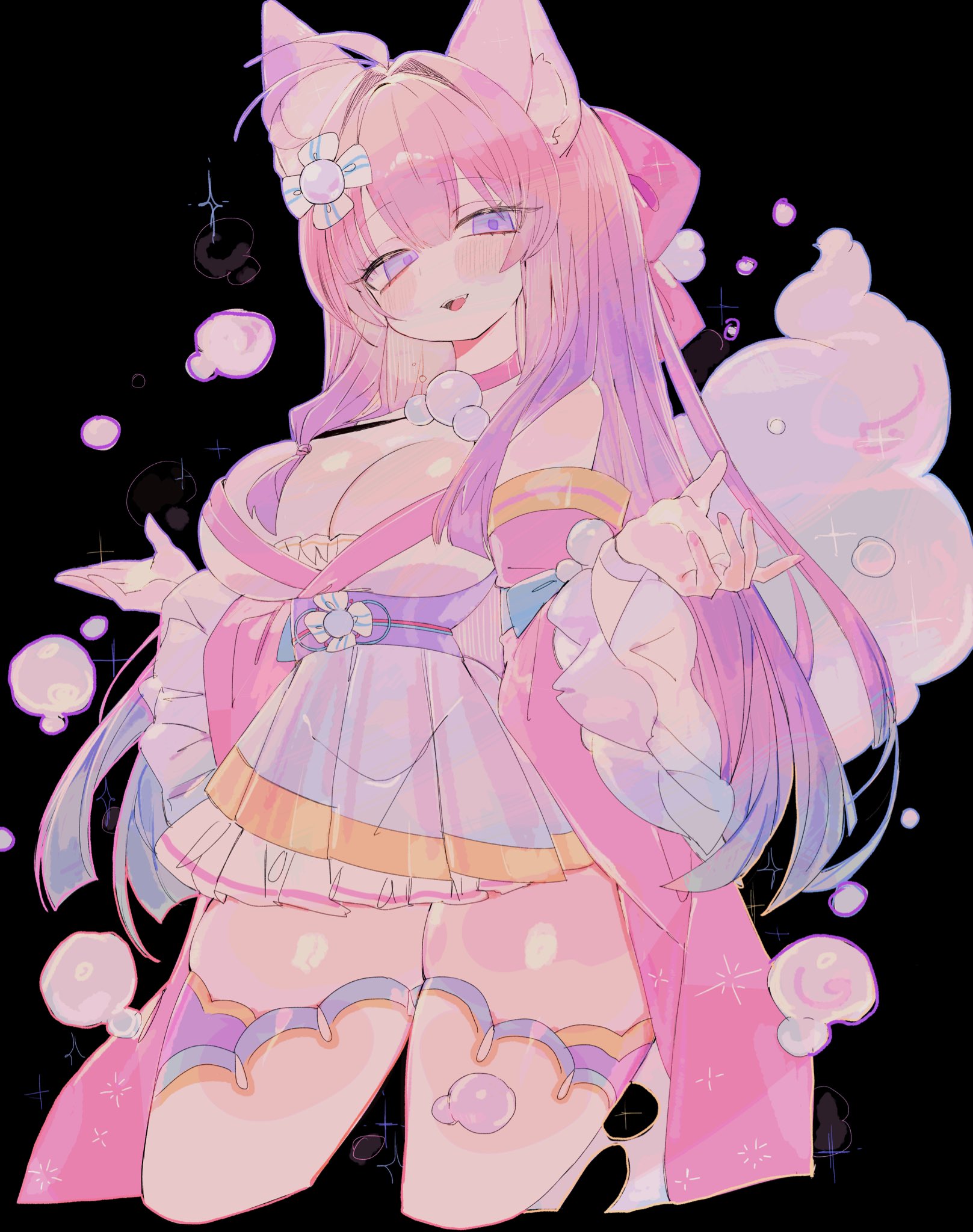 usa37107692, original, commentary, commission, english commentary, highres, 1girl, animal ear fluff, animal ears, antenna hair, black background, breasts, cat ears, cat girl, cowboy shot, curvy, double-parted bangs, gradient hair, hair between eyes, hair intakes, hands up, japanese clothes, kimono, large breasts, long hair, looking at viewer, multicolored hair, open mouth, pink hair, pink kimono, purple eyes, purple hair, purple kimono, short kimono, smile, solo, thick thighs, thighs, two-tone kimono