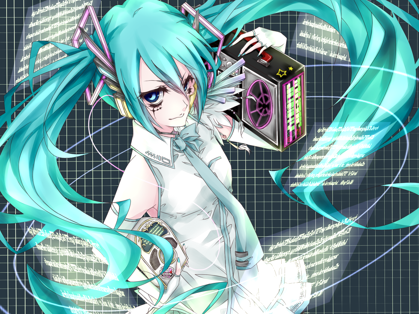 reeko (meteor), hatsune miku, vocaloid, bad id, bad pixiv id, 1girl, aqua hair, blue eyes, detached sleeves, female focus, nail polish, solo, twintails