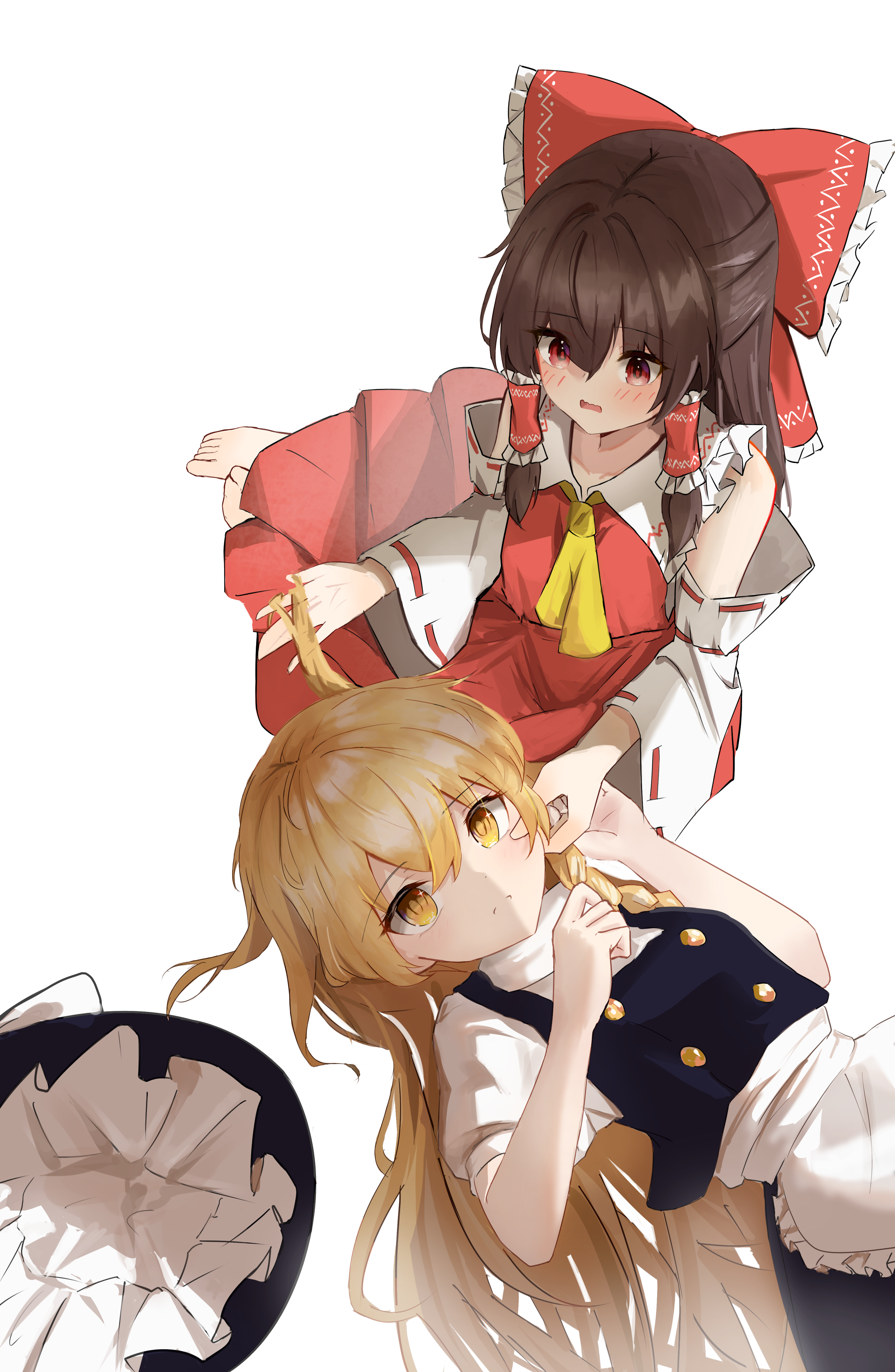 ehextra, hakurei reimu, kirisame marisa, touhou, absurdres, chinese commentary, commentary request, highres, 2girls, apron, ascot, barefoot, black skirt, black vest, blonde hair, blush, bow, braid, brown hair, closed mouth, detached sleeves, frilled bow, frilled hair tubes, frills, hair bow, hair tubes, hat, lap pillow, long hair, lying, multiple girls, no headwear, on back, open mouth, red bow, red eyes, red skirt, ribbon-trimmed sleeves, ribbon trim, side braid, simple background, single braid, sitting, skirt, skirt set, toes, unworn hat, unworn headwear, very long hair, vest, white apron, white background, witch hat, yellow ascot, yellow eyes, yuri