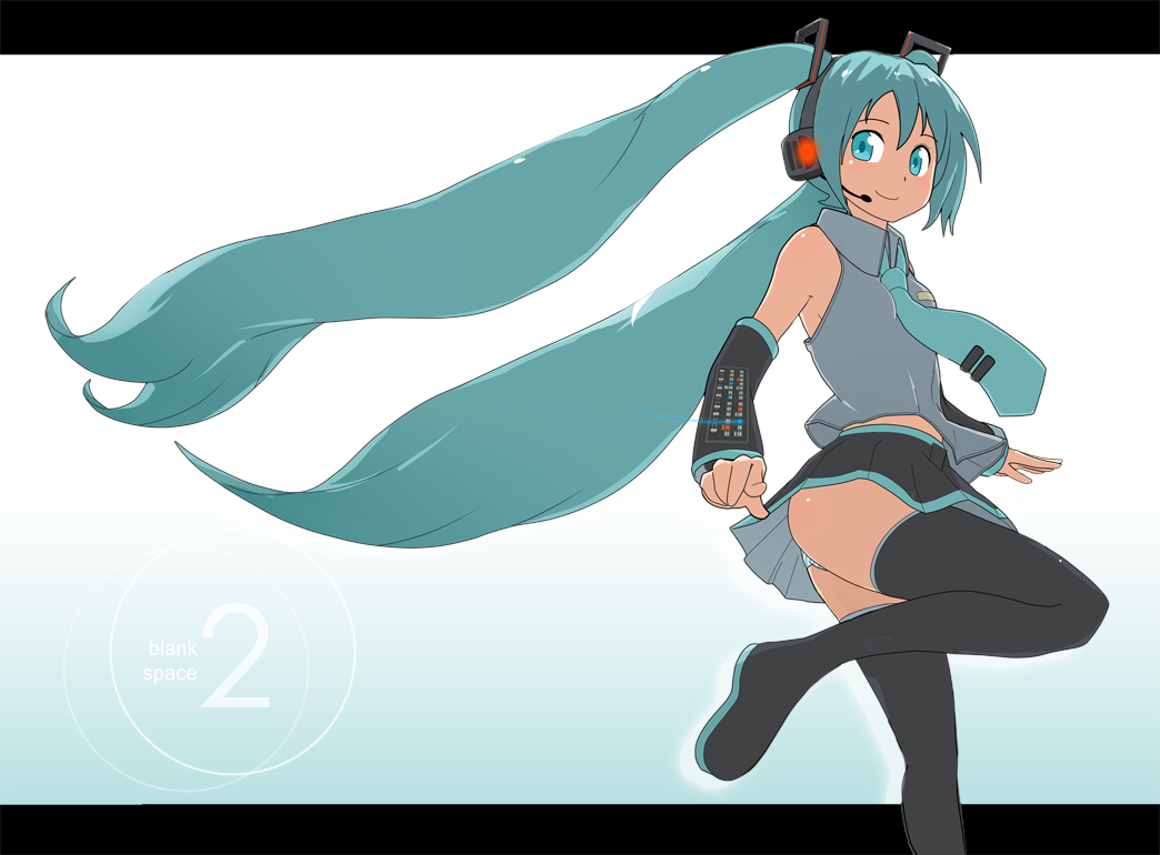 tamakorogashi, hatsune miku, vocaloid, 1girl, aqua eyes, aqua hair, detached sleeves, female focus, letterboxed, long hair, solo, thighhighs, twintails, very long hair