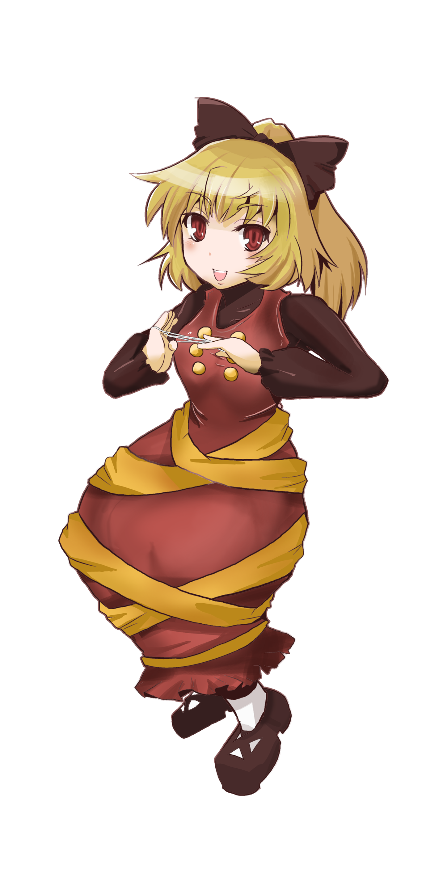mogura, kurodani yamame, touhou, absurdres, highres, 1girl, blonde hair, brown eyes, buttons, cat's cradle, dress, female focus, full body, hair ribbon, open mouth, ribbon, shoes, solo, transparent background