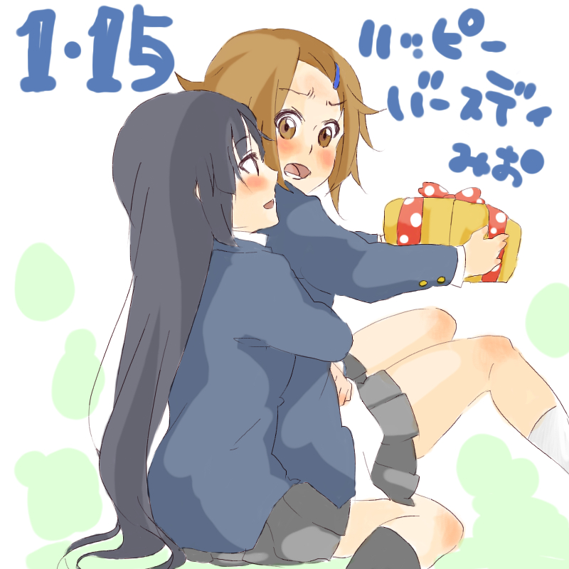 miyo (aenmix), akiyama mio, tainaka ritsu, k-on!, bad id, bad pixiv id, 00s, 2girls, black hair, brown eyes, brown hair, gift, happy birthday, holding, holding gift, hug, long hair, multiple girls, red scarf, scarf, school uniform, yuri