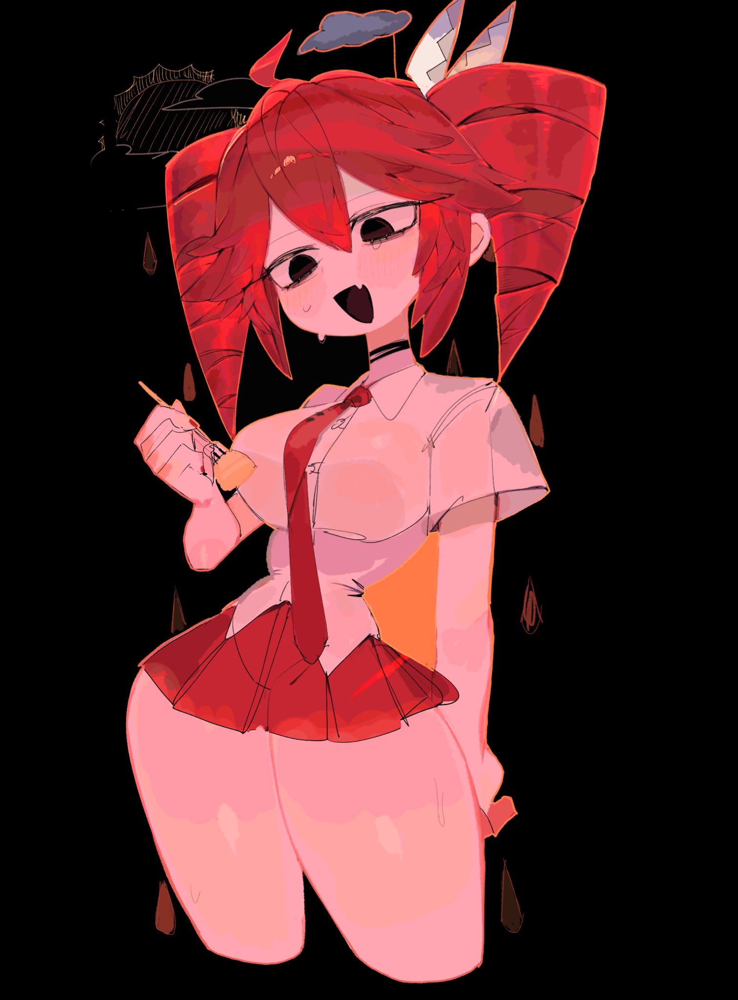 usa37107692, kasane teto, utau, commentary request, highres, 1girl, :d, ahoge, alternate breast size (larger), black choker, black eyes, breasts, choker, cropped legs, curvy, double-parted bangs, drill hair, fang, fork, hair between eyes, holding, holding fork, large breasts, looking down, medium hair, miniskirt, narrow waist, necktie, open mouth, red hair, red necktie, red skirt, shirt, short sleeves, skin fang, skirt, smile, solo, sweat, thick thighs, thighs, twin drills, white shirt