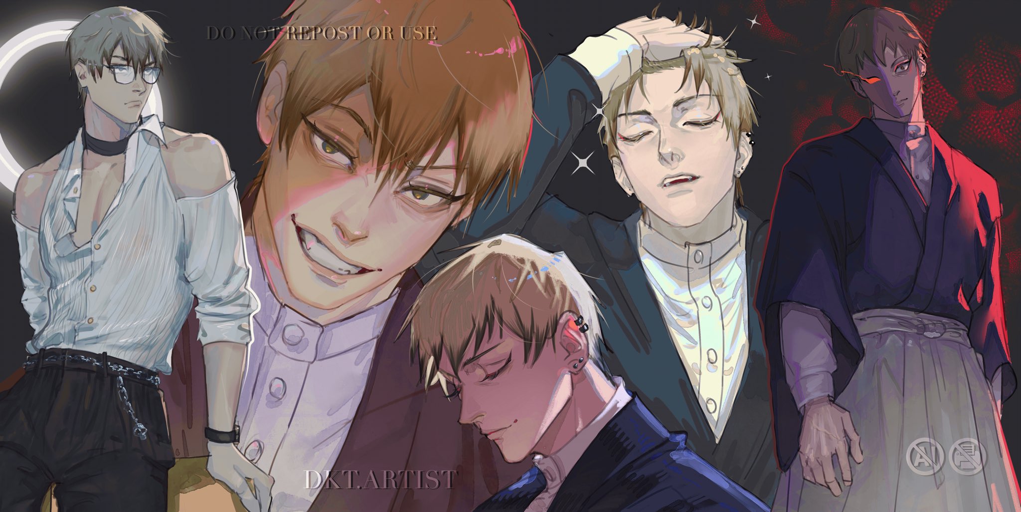 artistdkt, zen'in naoya, jujutsu kaisen, commentary, english commentary, highres, 1boy, alternate costume, arm up, artist name, bare shoulders, bespectacled, black choker, black hair, black pants, blonde hair, buttons, chain belt, choker, closed mouth, colored tips, ear piercing, earrings, eyelashes, glasses, hand in own hair, japanese clothes, jewelry, looking at viewer, male focus, multicolored hair, multiple views, pants, piercing, shirt, shirt tucked in, smile, two-tone hair, watch, white shirt, wristwatch