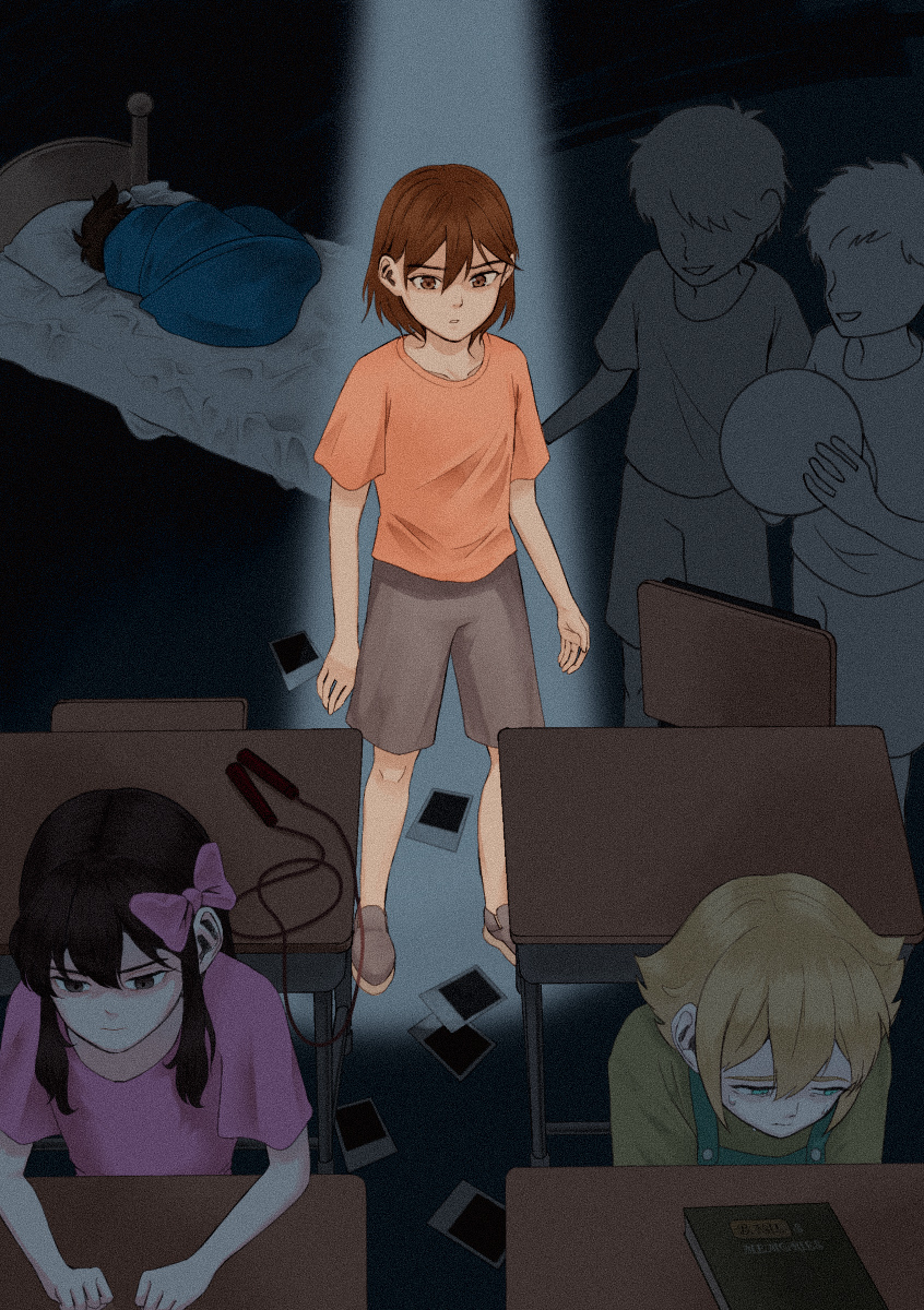 msdnno kabe, aubrey (faraway) (omori), aubrey (omori), basil (faraway) (omori), basil (omori), hero (faraway) (omori), hero (omori), kel (faraway) (omori), kel (omori), omori, commentary request, highres, 1girl, 5boys, aged down, black eyes, black hair, blonde hair, blue eyes, bow, brown eyes, brown hair, brown shorts, dark-skinned male, dark skin, desk, faceless, faceless male, green overalls, hair behind ear, hair bow, jump rope, long hair, multiple boys, on bed, orange shirt, overalls, pink bow, pink shirt, school desk, shirt, short hair, short sleeves, shorts, t-shirt, under covers