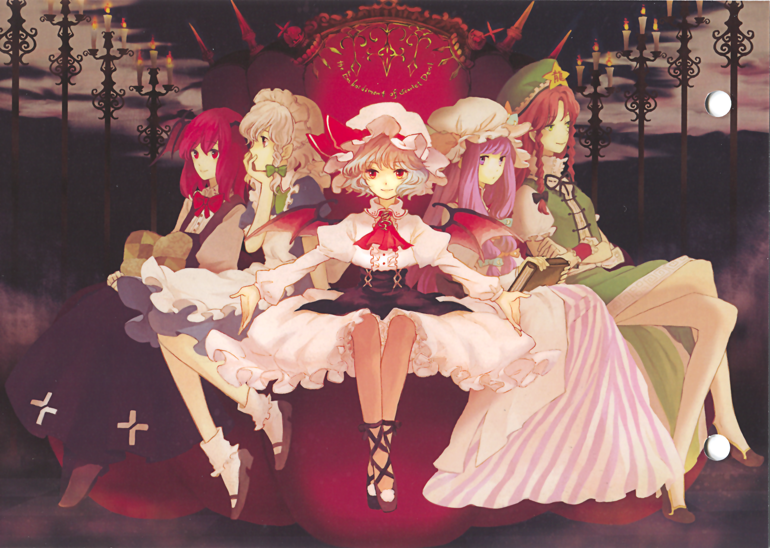 sugi, hong meiling, izayoi sakuya, koakuma, patchouli knowledge, remilia scarlet, embodiment of scarlet devil, touhou, silver hair, highres, scan, 5girls, bat wings, blue hair, book, braid, china dress, chinese clothes, crossed legs, dress, female focus, green eyes, hairband, hat, head wings, juliet sleeves, long hair, long sleeves, maid, multiple girls, puffy short sleeves, puffy sleeves, purple eyes, purple hair, red eyes, red hair, ribbon, shoes, short hair, short sleeves, sitting, socks, star (symbol), twin braids, wings
