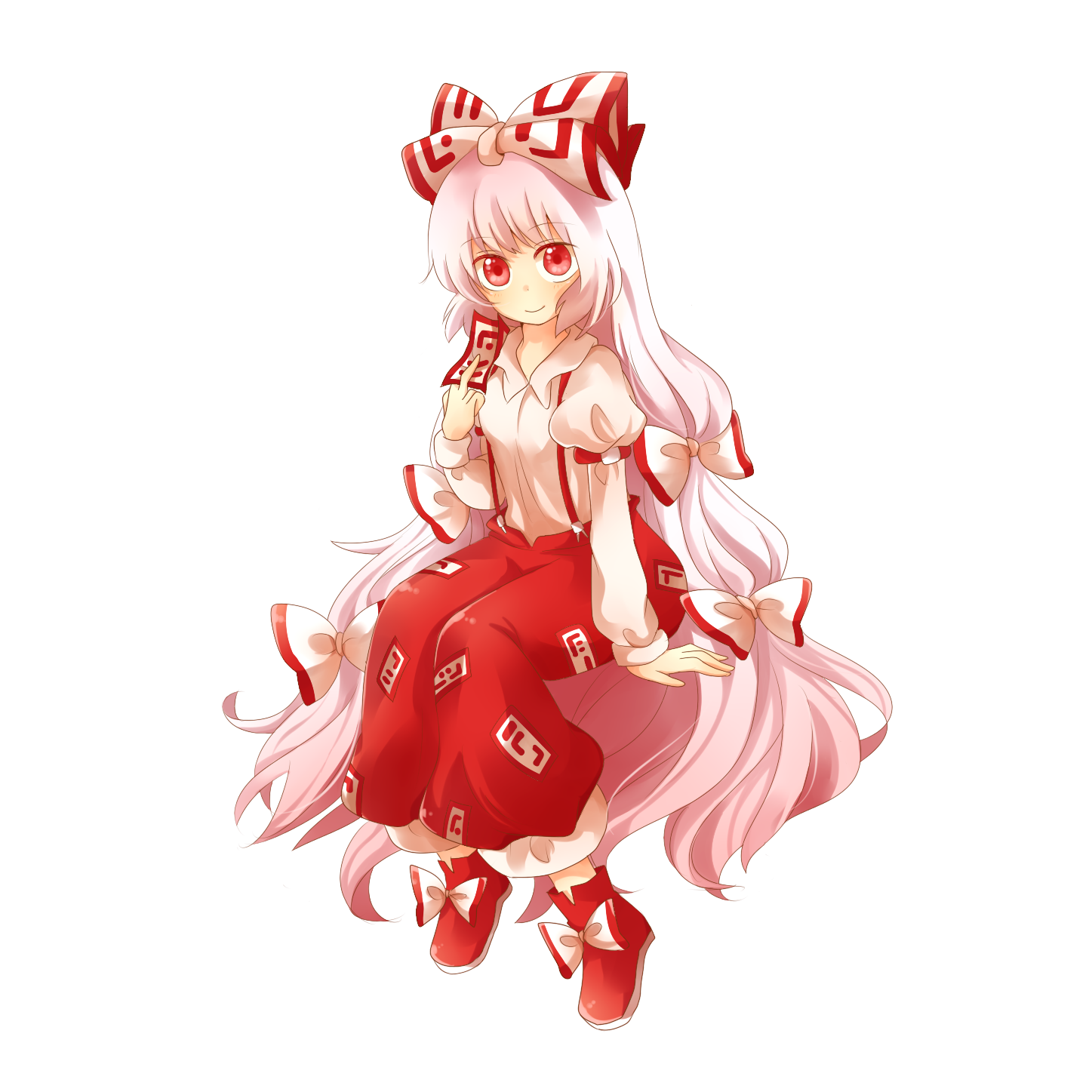zawameki, fujiwara no mokou, touhou, silver hair, bad id, bad pixiv id, highres, 1girl, blush, bow, female focus, full body, hair bow, hair ribbon, long hair, multiple hair bows, ofuda, red eyes, ribbon, solo, spell card, suspenders, transparent background