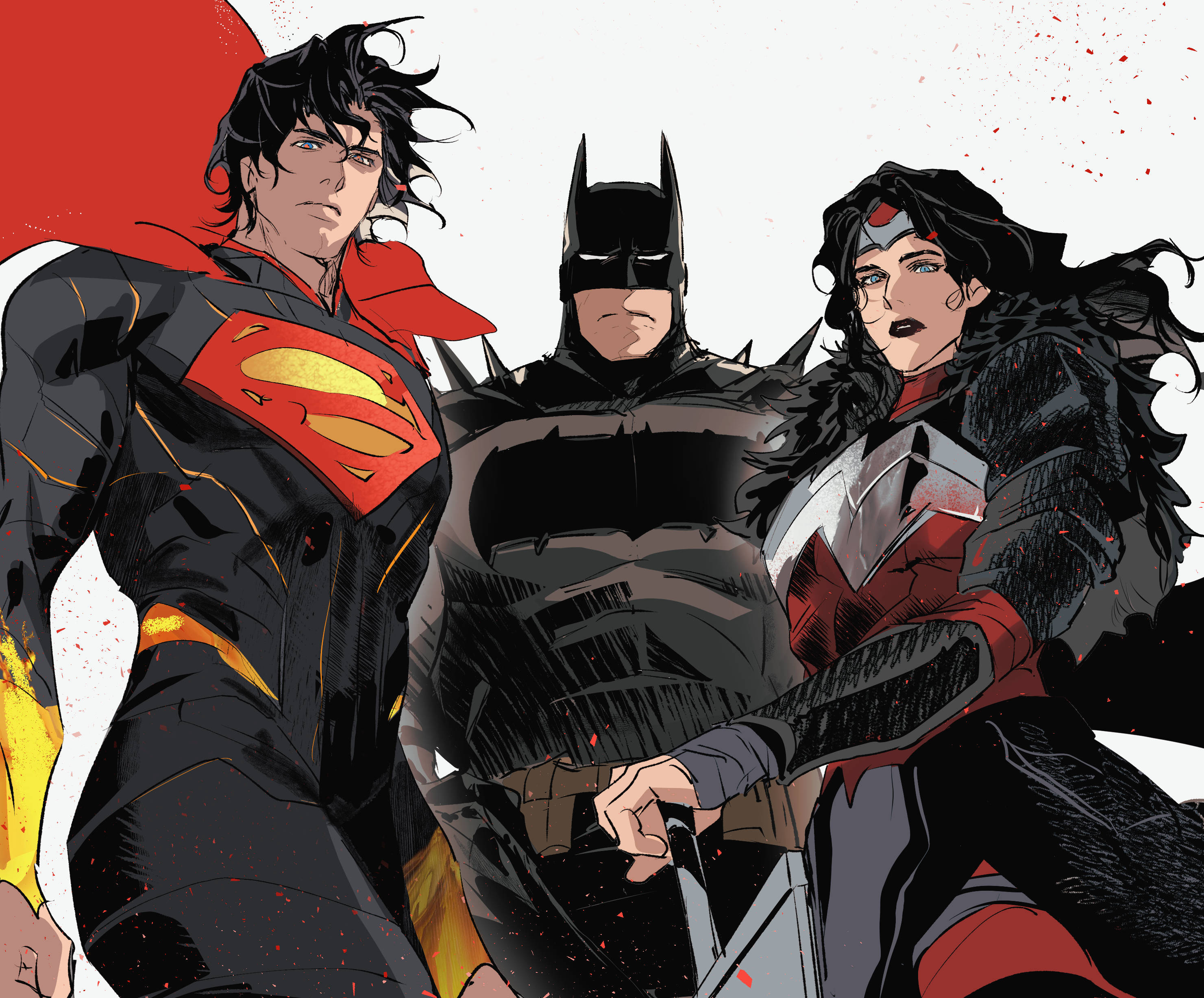 chamsut0905, batman, superman, wonder woman, absolute batman, absolute dc, absolute superman, absolute wonder woman, dc comics, absurdres, commentary request, highres, korean commentary, 1girl, 2boys, black hair, black lips, blue eyes, bodysuit, cape, circlet, closed mouth, floating clothes, floating hair, light particles, long hair, looking at viewer, multiple boys, planted, red cape, short hair, superhero costume