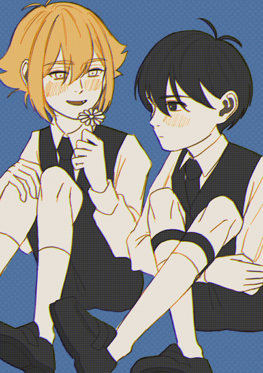 msdnno kabe, basil (faraway) (omori), basil (omori), sunny (omori), omori, commentary request, highres, 2boys, alternate costume, antenna hair, black eyes, black hair, black necktie, black shoes, black shorts, blonde hair, blush, closed mouth, collared shirt, flower, holding, holding flower, long sleeves, looking at another, male focus, multiple boys, necktie, open mouth, shirt, shoes, shorts, smile, socks, white shirt, white socks