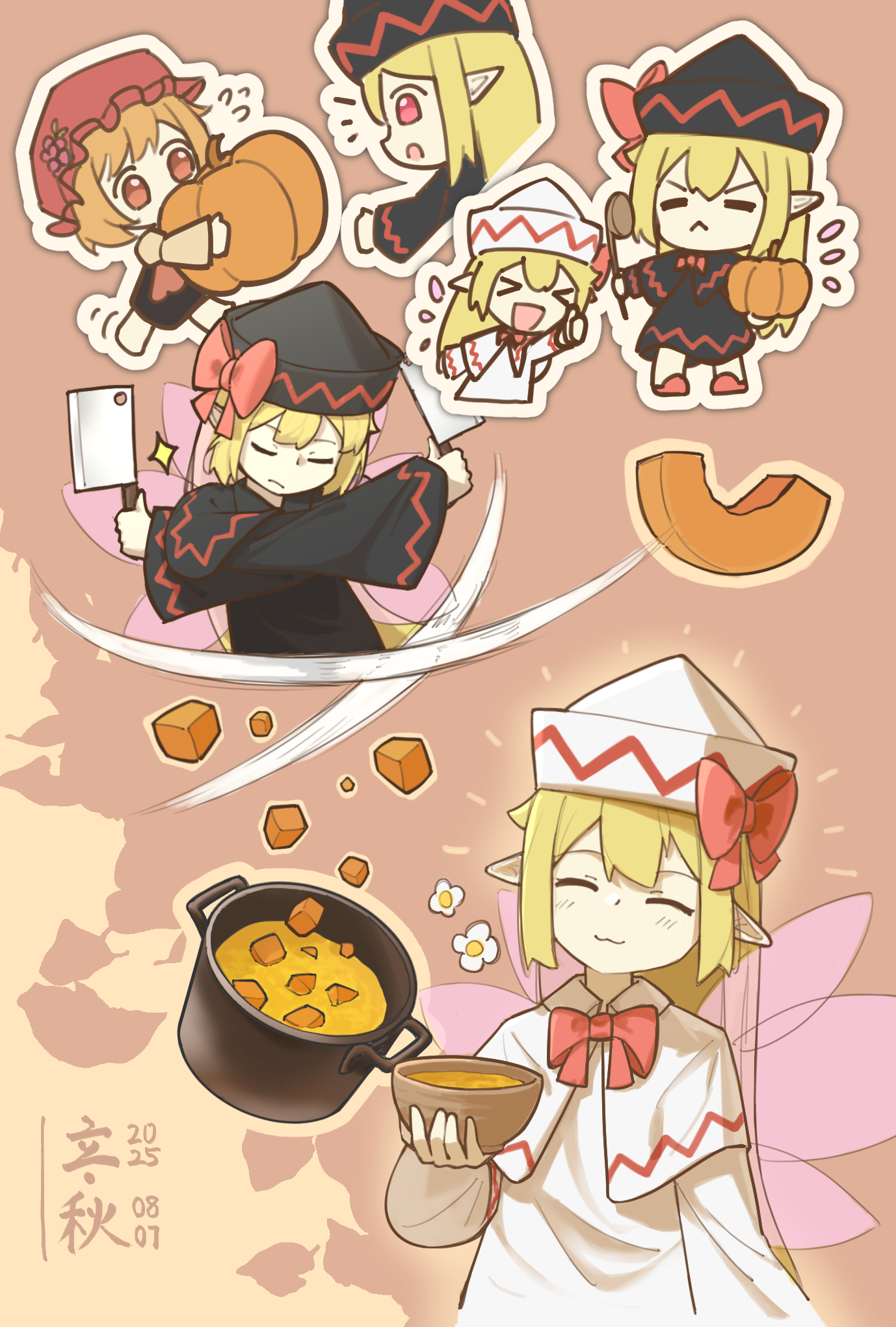 aki minoriko, lily black, lily white, touhou, chinese commentary, commentary request, highres, translation request, 3girls, :<, black capelet, black dress, black hat, blonde hair, bow, bowtie, capelet, cleaver, closed eyes, closed mouth, cooking pot, cutting, dated, dress, dual persona, dual wielding, edsky0309, facing viewer, fairy, fairy wings, flying sweatdrops, food, grape hat ornament, hat, hat bow, holding, holding cleaver, long hair, long sleeves, multiple girls, orange hat, pointy ears, pumpkin, red bow, red bowtie, soup, very long hair, white capelet, white dress, white hat, wide sleeves, wings