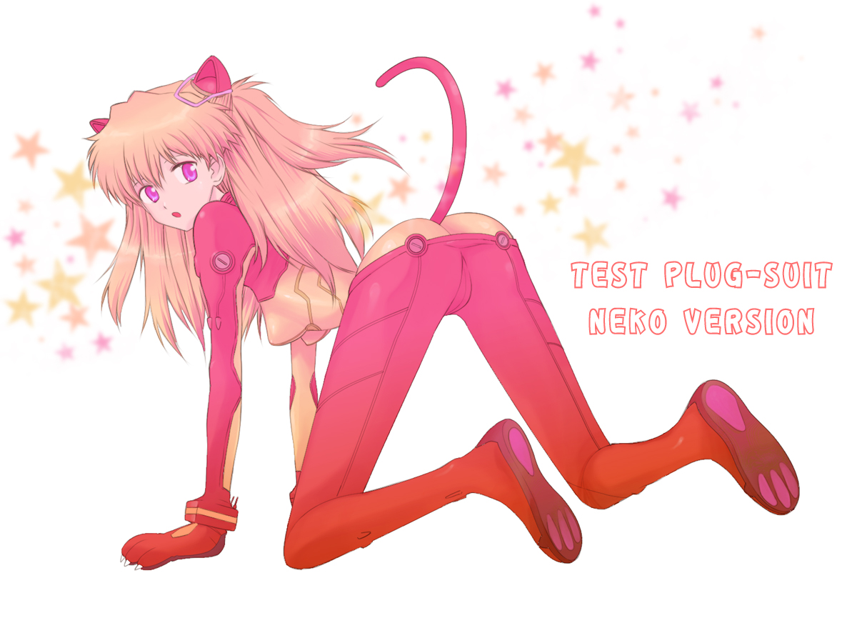 kikumaru bunta, souryuu asuka langley, neon genesis evangelion, rebuild of evangelion, 00s, 1girl, animal ears, ass, bodysuit, butt crack, cameltoe, cat ears, cat tail, fake animal ears, female focus, full body, mecha pilot suit, plugsuit (evangelion), solo, tail, test plugsuit (evangelion)