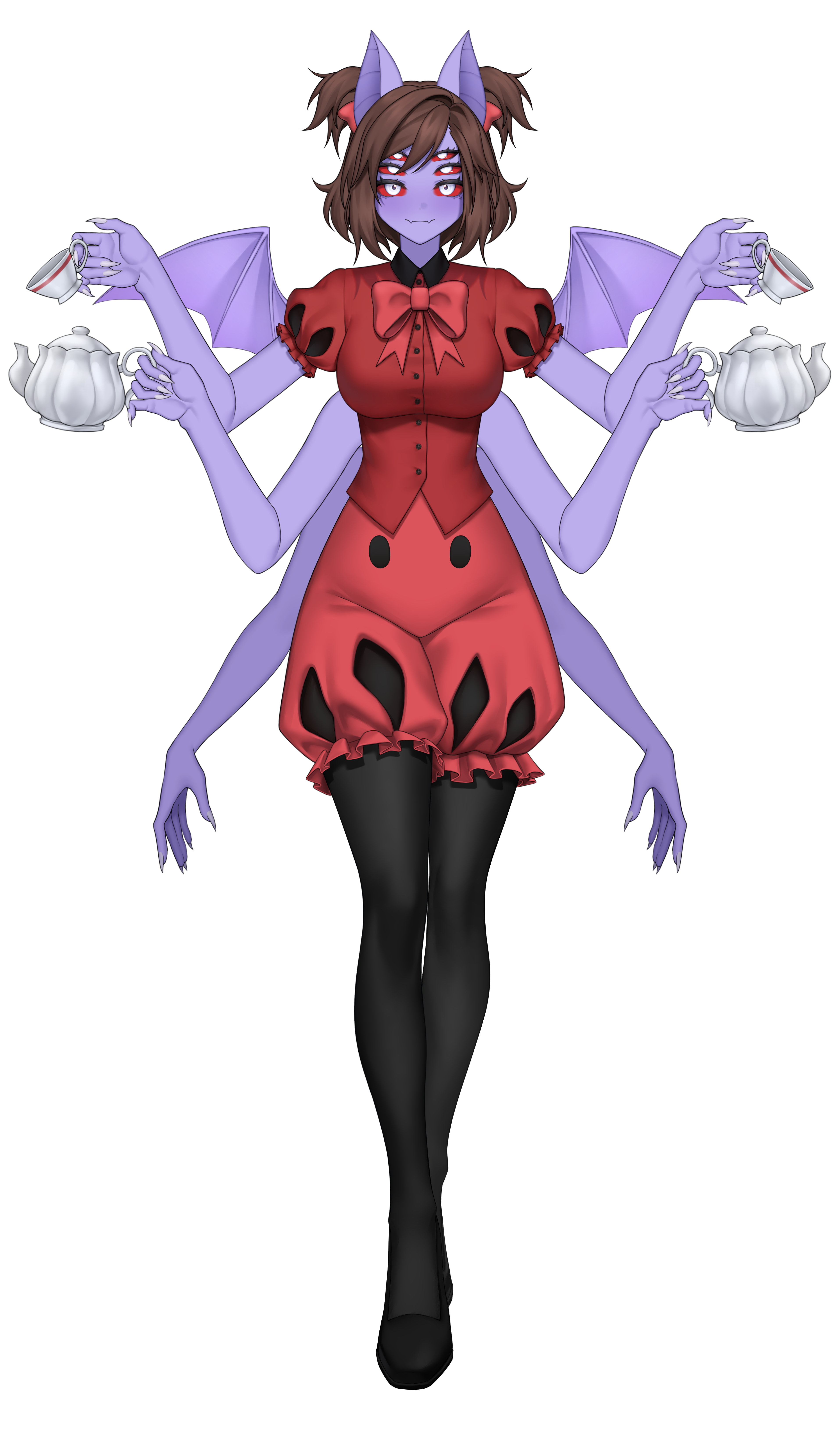 lilum, ohwasuy, muffet, indie virtual youtuber, undertale, utdr (toby fox), absurdres, highres, non-web source, animal ears, arthropod girl, bat ears, black pantyhose, black shoes, bow, brown hair, bug, colored sclera, colored skin, cosplay, cup, dante will, dante will (spider), extra arms, extra eyes, fingernails, hair bow, holding, holding cup, holding teapot, insect girl, monster girl, muffet (cosplay), neobaka, pants, pantyhose, purple skin, red pants, red shirt, sharp fingernails, shirohomu, shirt, shoes, short hair, silk, smile, spider, spider girl, spider web, teacup, teapot
