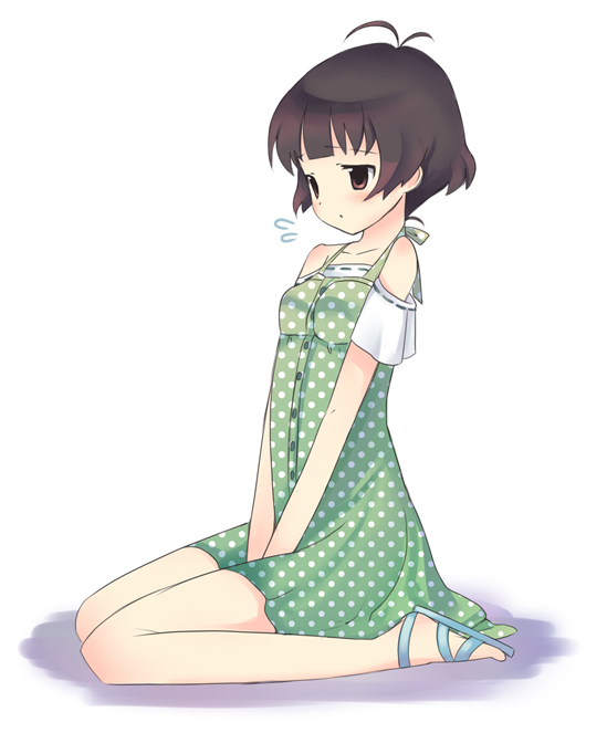 teu (navy), tiurin, akizuki ryo, idolmaster, idolmaster dearly stars, bad id, bad pixiv id, 00s, 1boy, antenna hair, bare shoulders, blush, brown eyes, brown hair, crossdressing, crossdressing (mtf), male focus, polka dot, short hair, solo, trap