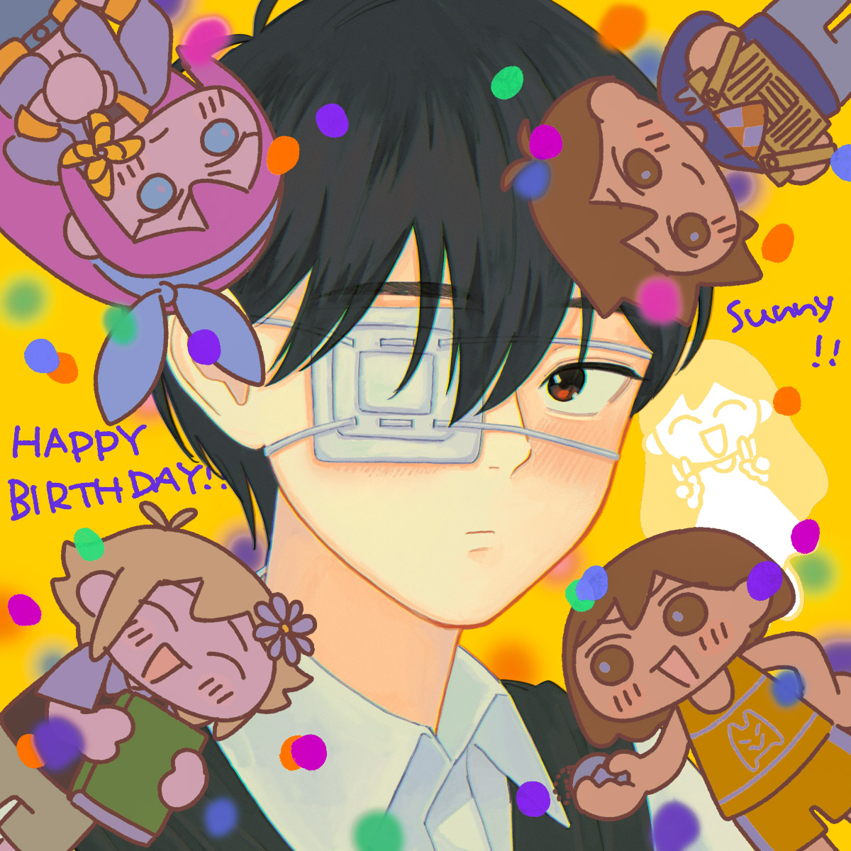 msdnno kabe, aubrey (faraway) (omori), aubrey (omori), basil (faraway) (omori), basil (omori), hero (faraway) (omori), hero (omori), kel (faraway) (omori), kel (omori), mari (omori), mari (spirit) (omori), sunny (omori), omori, commentary request, highres, spoilers, 2girls, 4boys, antenna hair, black eyes, black hair, black sweater vest, blonde hair, blue eyes, blue hairband, blush, book, brown eyes, brown hair, character name, chibi, closed mouth, collared shirt, dark-skinned male, dark skin, double v, eyepatch, flower, hair behind ear, hair flower, hair ornament, hairband, happy birthday, holding, holding book, holding picnic basket, holding pinwheel, long hair, looking at viewer, multiple boys, multiple girls, picnic basket, pink hair, pinwheel, shirt, short hair, sweater vest, v, white shirt