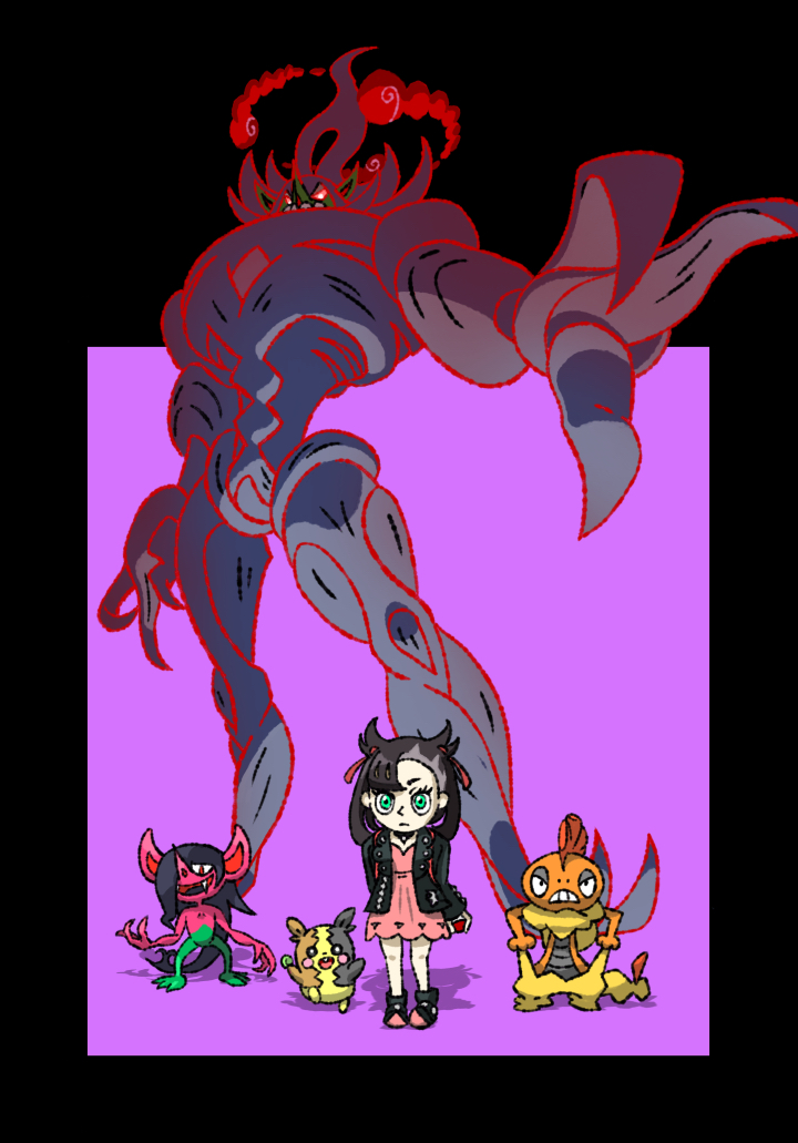 daisuke umiushi, gigantamax grimmsnarl, grimmsnarl, marnie (pokemon), morgrem, morpeko, morpeko (full), scrafty, nintendo, pokemon, pokemon swsh, commentary request, 1girl, asymmetrical bangs, black boots, black choker, black hair, black jacket, boots, choker, closed mouth, colored lineart, dress, dynamax, eyelashes, fangs, full body, gen 5 pokemon, gen 8 pokemon, gigantamax, green eyes, hair over one eye, hair ribbon, holding, holding poke ball, jacket, jacket over dress, leather, leather jacket, long hair, long sleeves, nostrils, open clothes, open jacket, open mouth, outstretched arm, pink background, pink dress, pointy nose, poke ball, poke ball (basic), pokemon (creature), pokemon team, red clouds, red eyes, red ribbon, ribbon, simple background, smile, standing, teeth, toon (style), twintails, undercut