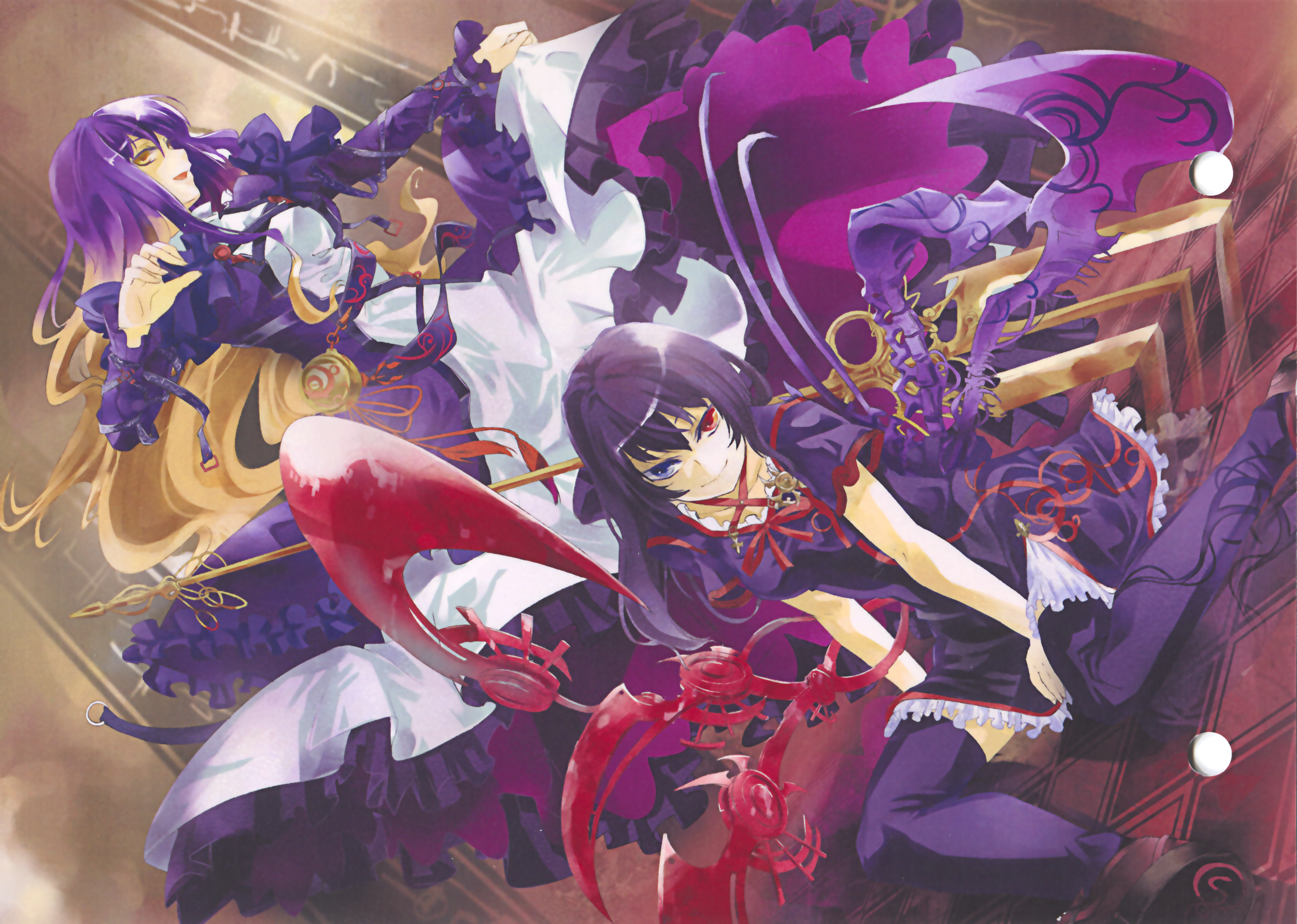 tomasu, tsurukame, hijiri byakuren, houjuu nue, touhou, highres, scan, 2girls, black hair, female focus, gradient hair, heterochromia, long hair, multicolored hair, multiple girls, polearm, short hair, trident, two-tone hair, weapon