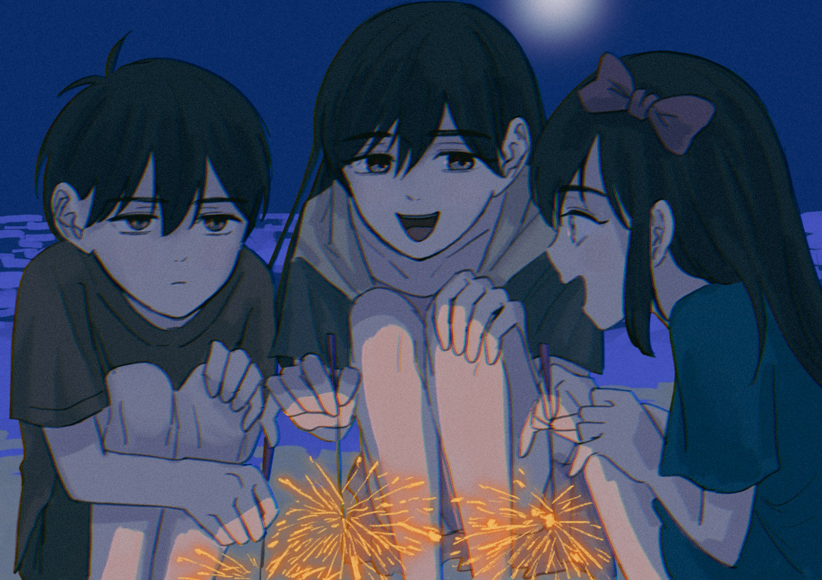 msdnno kabe, aubrey (faraway) (omori), aubrey (omori), mari (faraway) (omori), mari (omori), sunny (omori), omori, commentary request, 1boy, 2girls, aged down, black eyes, black hair, black jacket, black shirt, black shorts, blue shirt, bow, brother and sister, closed mouth, collarbone, fireworks, hair behind ear, hair bow, hand on own knee, holding, holding fireworks, hood, hooded jacket, jacket, knees up, long hair, long shirt, looking at another, multiple girls, night, open mouth, outdoors, pink bow, shirt, short hair, short sleeves, shorts, siblings, smile, sparkler, squatting, t-shirt