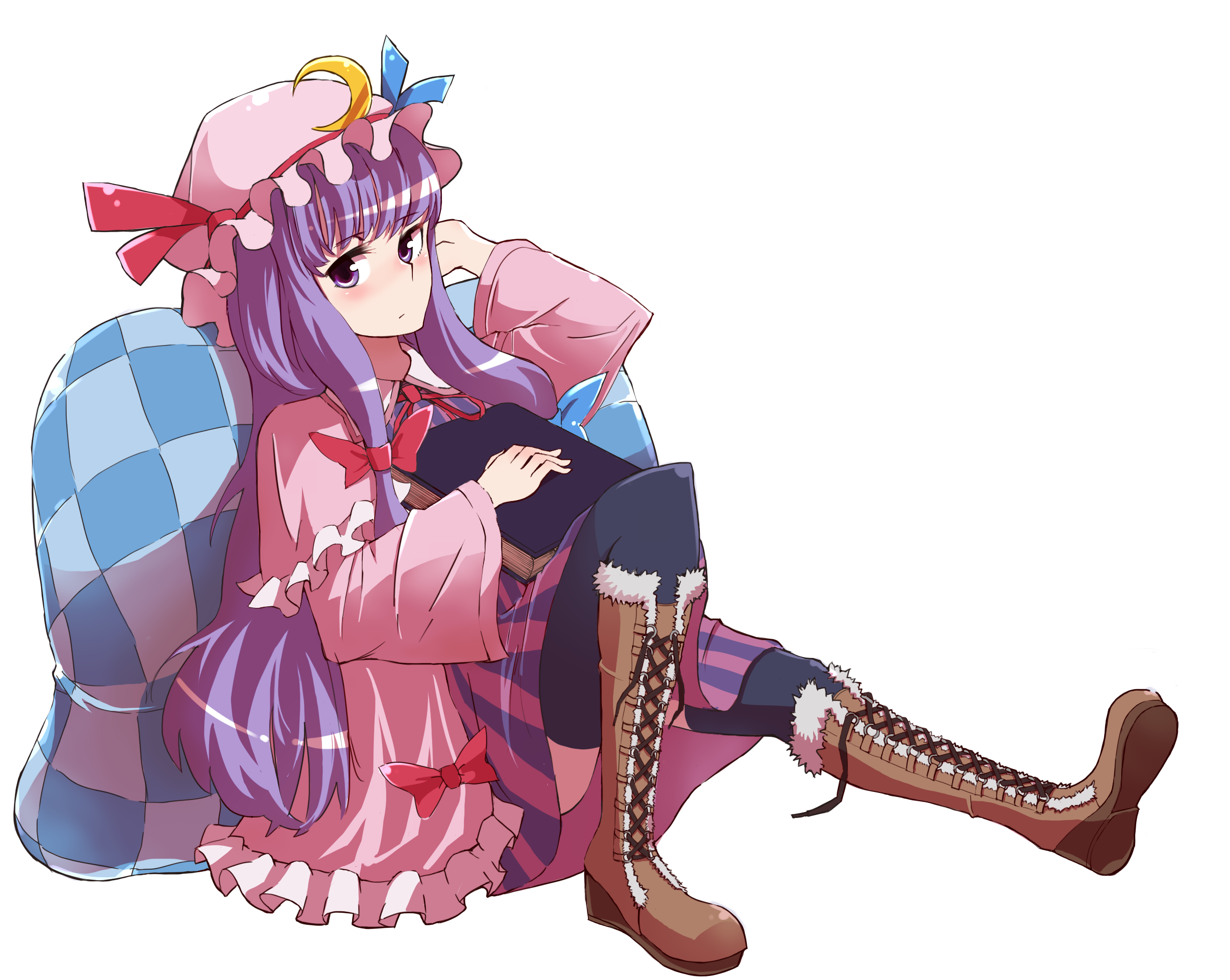 koke (moromiso), patchouli knowledge, touhou, highres, 1girl, bad anatomy, bad hands, book, boots, female focus, full body, hat, long hair, poorly drawn, purple eyes, purple hair, solo, thighhighs, transparent background