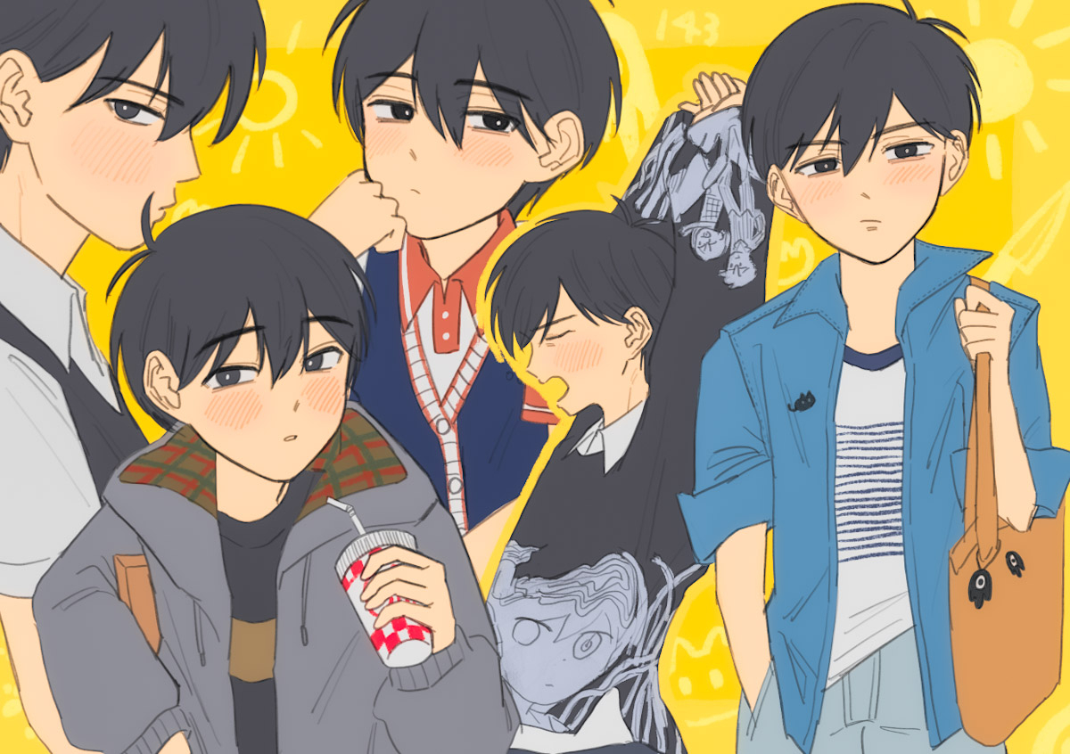 msdnno kabe, mewo, something (omori), sunny (birthday) (omori), sunny (omori), omori, commentary request, 1boy, alternate costume, arms up, bag, bag charm, black eyes, black hair, black sweater, black sweater vest, blue jacket, bright pupils, charm (object), closed eyes, closed mouth, collared jacket, collared shirt, cup, disposable cup, double-parted bangs, drinking straw, grey jacket, hair behind ear, handbag, holding, holding cup, jacket, long sleeves, looking at viewer, male focus, open mouth, prototype design, shirt, short-sleeved jacket, short hair, short sleeves, solo, stretching, sweater, sweater vest, white pupils, white shirt