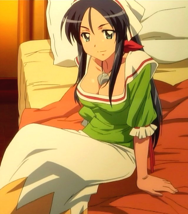 jessica (zero no tsukaima), zero no tsukaima, anime screenshot, stitched, third-party edit, 00s, 1girl, bed, black hair, breasts, cleavage, dress, female focus, green eyes, jewelry, large breasts, necklace, sitting, solo