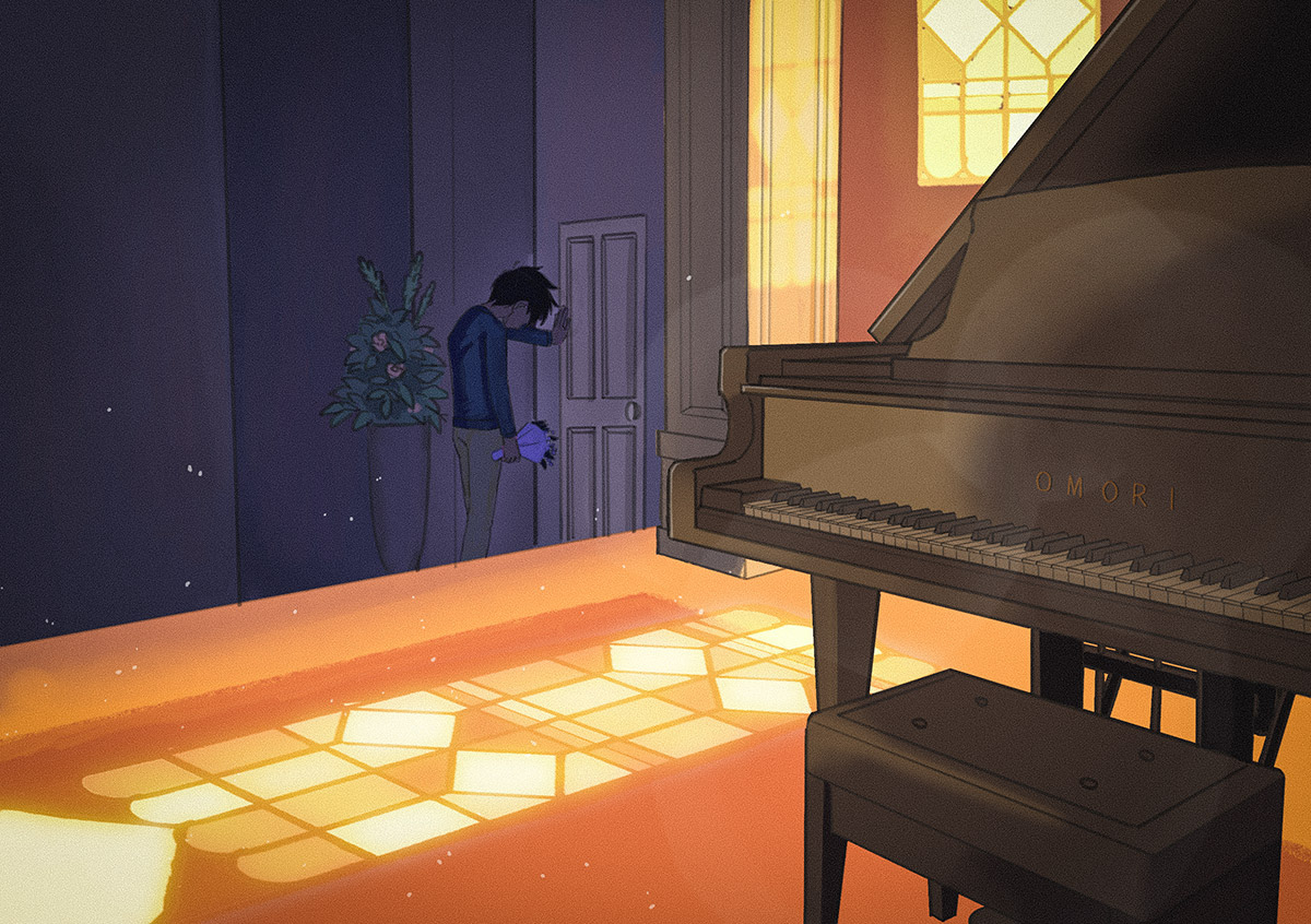 msdnno kabe, hero (faraway) (omori), hero (omori), omori, commentary request, 1boy, blue sweater, bouquet, dark-skinned male, dark skin, faceless, faceless male, flower, grand piano, grey pants, holding, holding bouquet, indoors, instrument, long sleeves, male focus, pants, piano, piano bench, solo, sweater, window