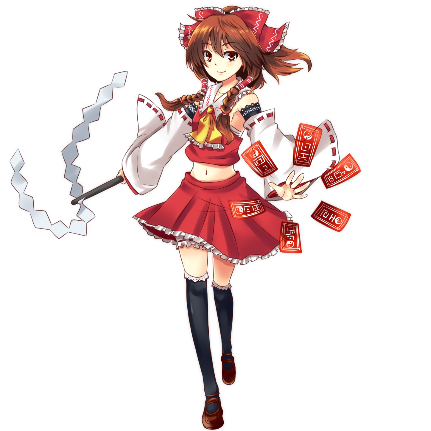 hinata sora, hakurei reimu, touhou, highres, 1girl, black thighhighs, bow, braid, brown eyes, brown hair, detached sleeves, female focus, full body, gohei, hair bow, japanese clothes, long hair, midriff, miko, navel, ofuda, over-kneehighs, ribbon, sarashi, skirt, solo, spell card, standing, thighhighs, transparent background, twin braids