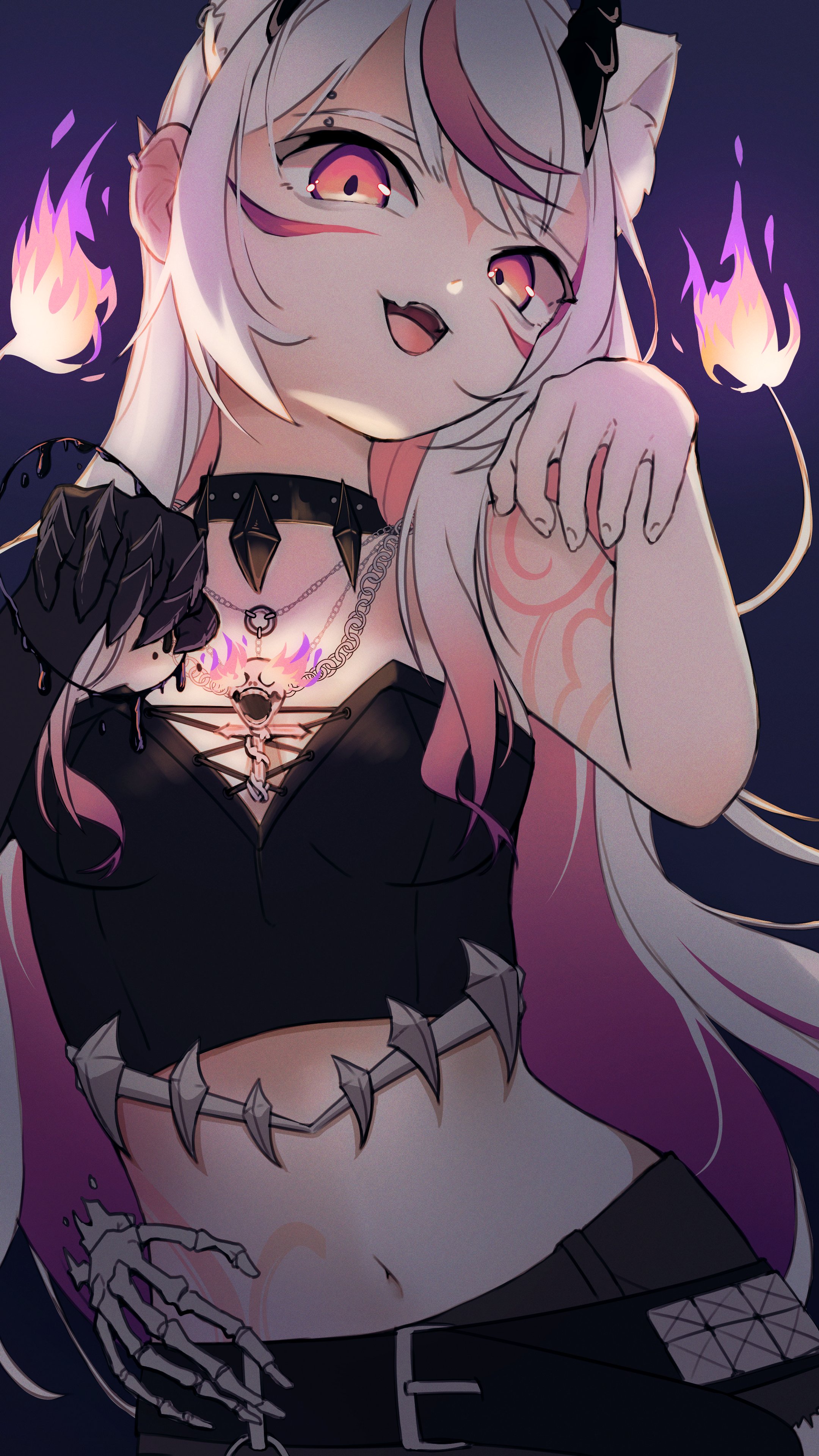 nekochi (nek0chi), indie virtual youtuber, absurdres, commentary, english commentary, highres, 1girl, amsu (vtuber), animal ear fluff, animal ears, belt, black choker, breasts, cat ears, cat girl, choker, cleavage, colored inner hair, ear piercing, fang, halloween costume, long hair, looking at viewer, midriff, multicolored hair, open mouth, orange eyes, paw pose, piercing, simple background, skin fang, solo, teeth, upper teeth only, virtual youtuber, white hair