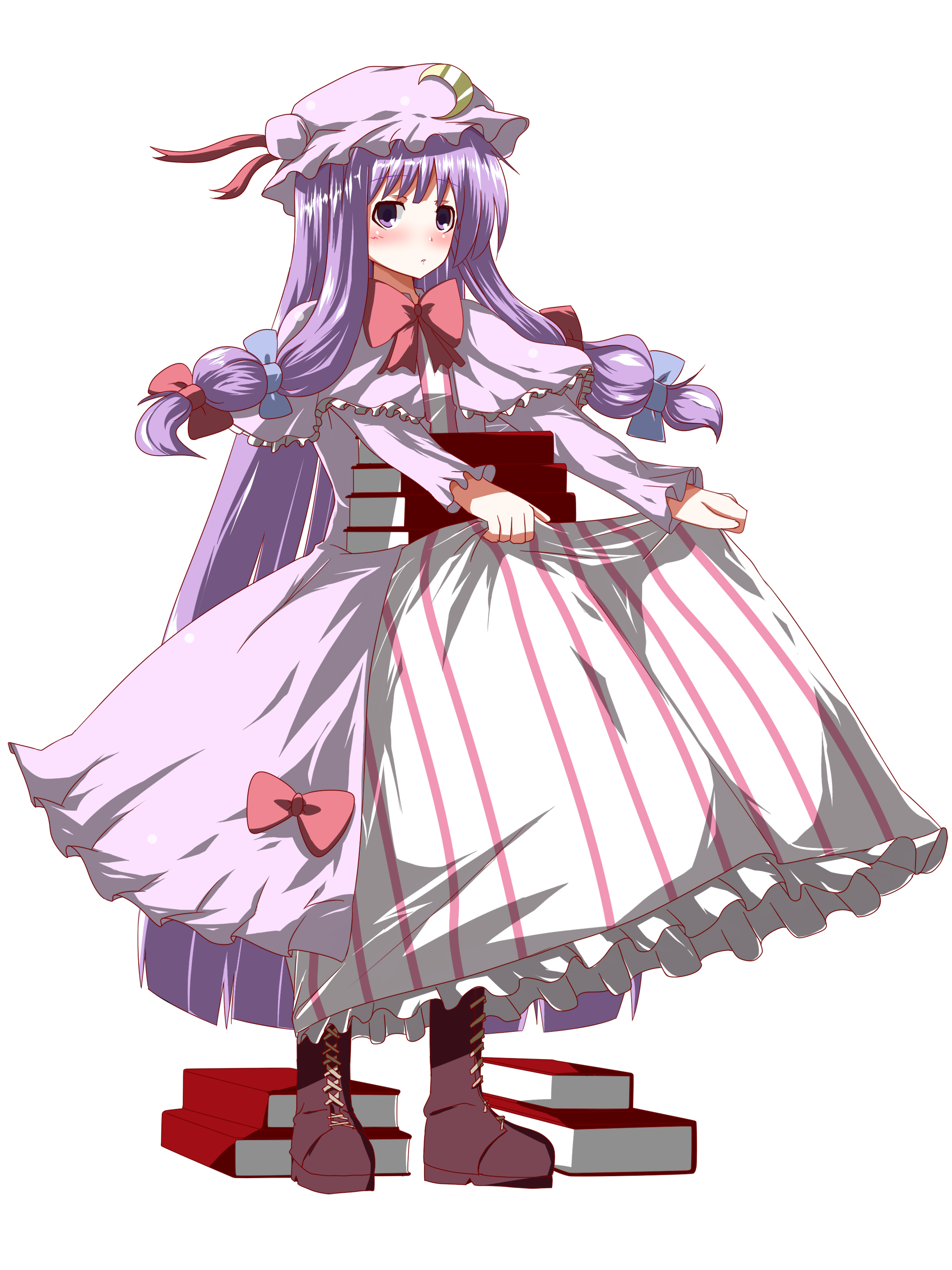 serano, shiratori serano, patchouli knowledge, touhou, absurdres, highres, 1girl, blush, book, female focus, full body, hat, long hair, purple eyes, ribbon, solo, transparent background, very long hair