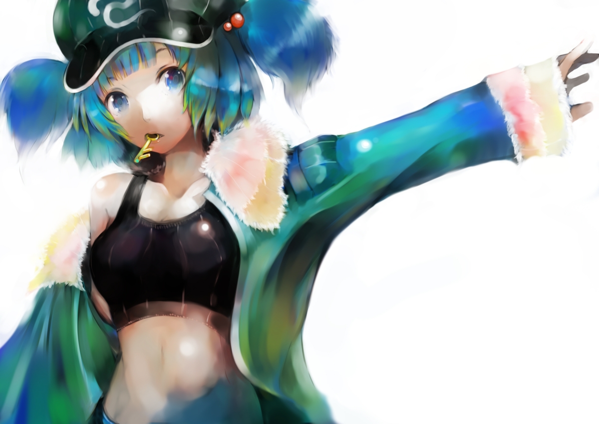 inoe, inoe (noie), kawashiro nitori, touhou, bad id, bad pixiv id, 1girl, adapted costume, blue eyes, blue hair, crop top, female focus, hair bobbles, hair ornament, hat, key, matching hair/eyes, midriff, mouth hold, navel, short hair, solo, sports bra, twintails, two side up