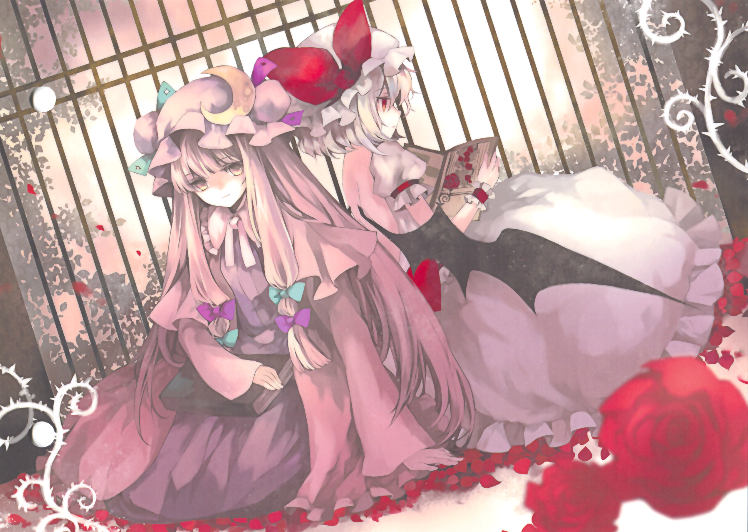 hina (pico), patchouli knowledge, remilia scarlet, touhou, light purple hair, highres, scan, 2girls, bat wings, book, female focus, flower, hat, long hair, multiple girls, plant, purple eyes, purple hair, red eyes, rose, short hair, sitting, wings