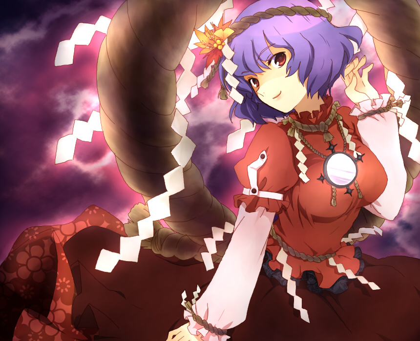 meimone, yasaka kanako, touhou, bad id, bad pixiv id, 1girl, female focus, hair ornament, leaf hair ornament, purple hair, red eyes, rope, short hair, solo