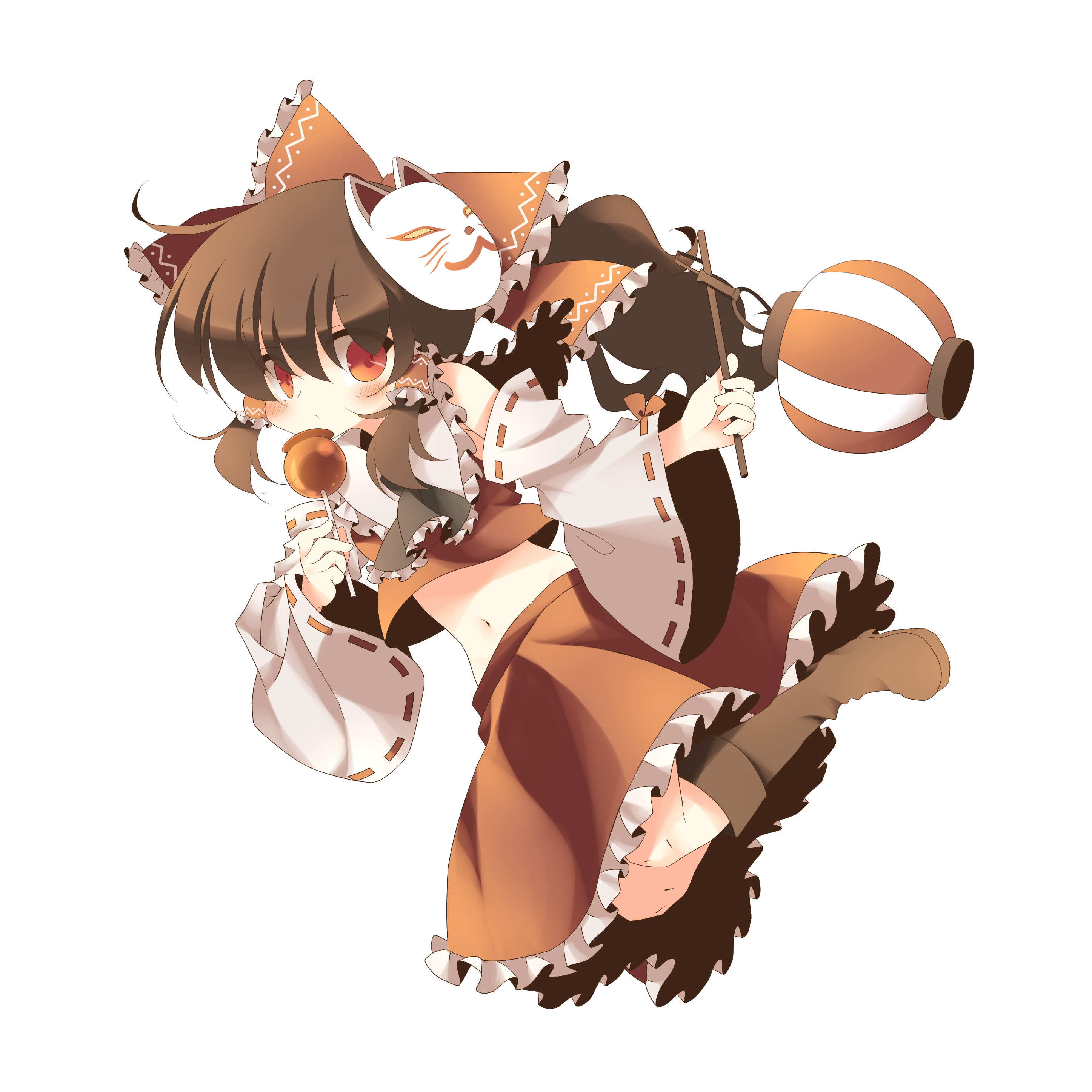 anju (meipurusanchi), anju (pixiv), hakurei reimu, touhou, absurdres, bad id, bad pixiv id, highres, 1girl, bow, brown hair, detached sleeves, female focus, fox mask, full body, hair bow, japanese clothes, long hair, mask, miko, red eyes, solo, transparent background